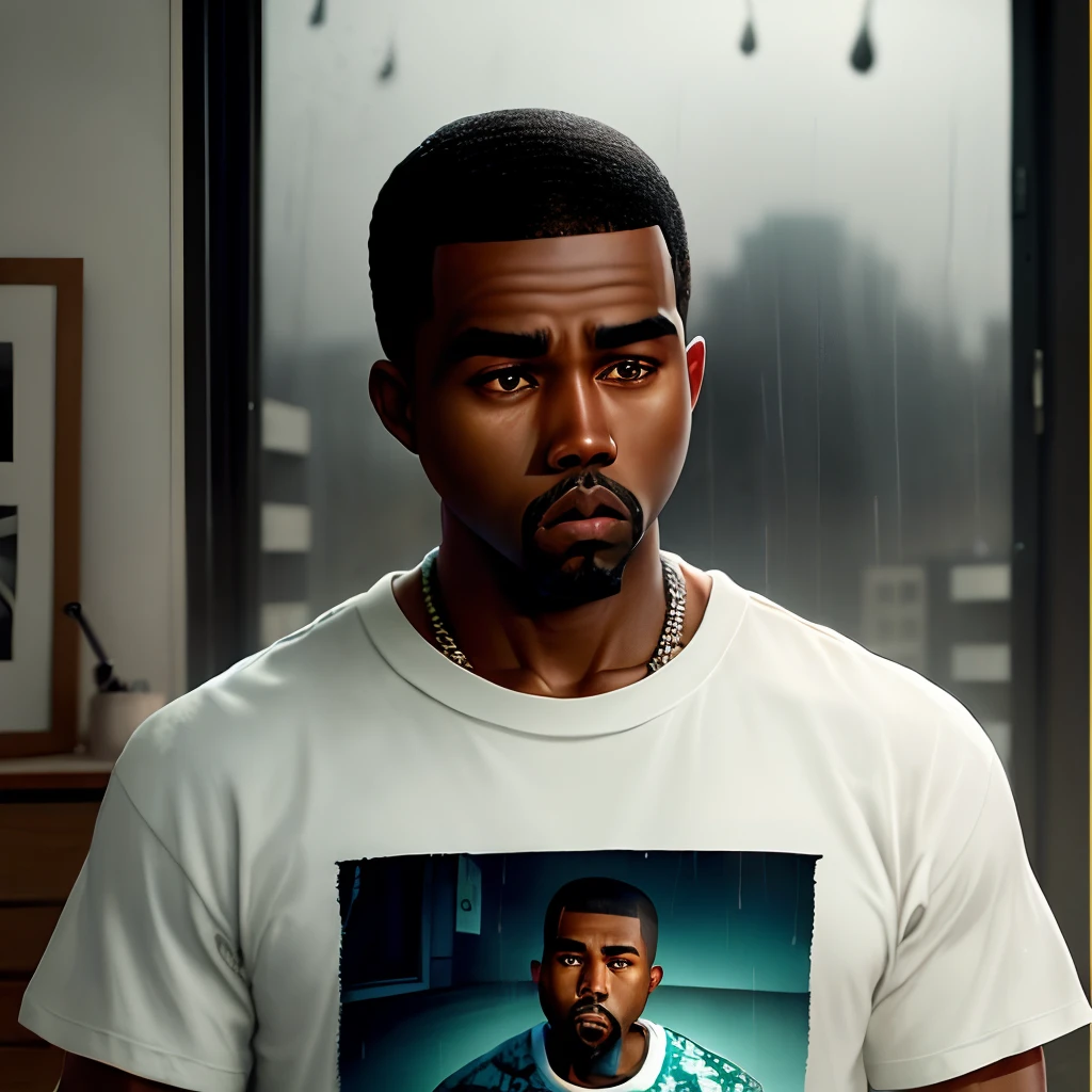 Hyper realistic Kanye west being sad in his room while having a clone shirt on and drinking lean, and raining outside