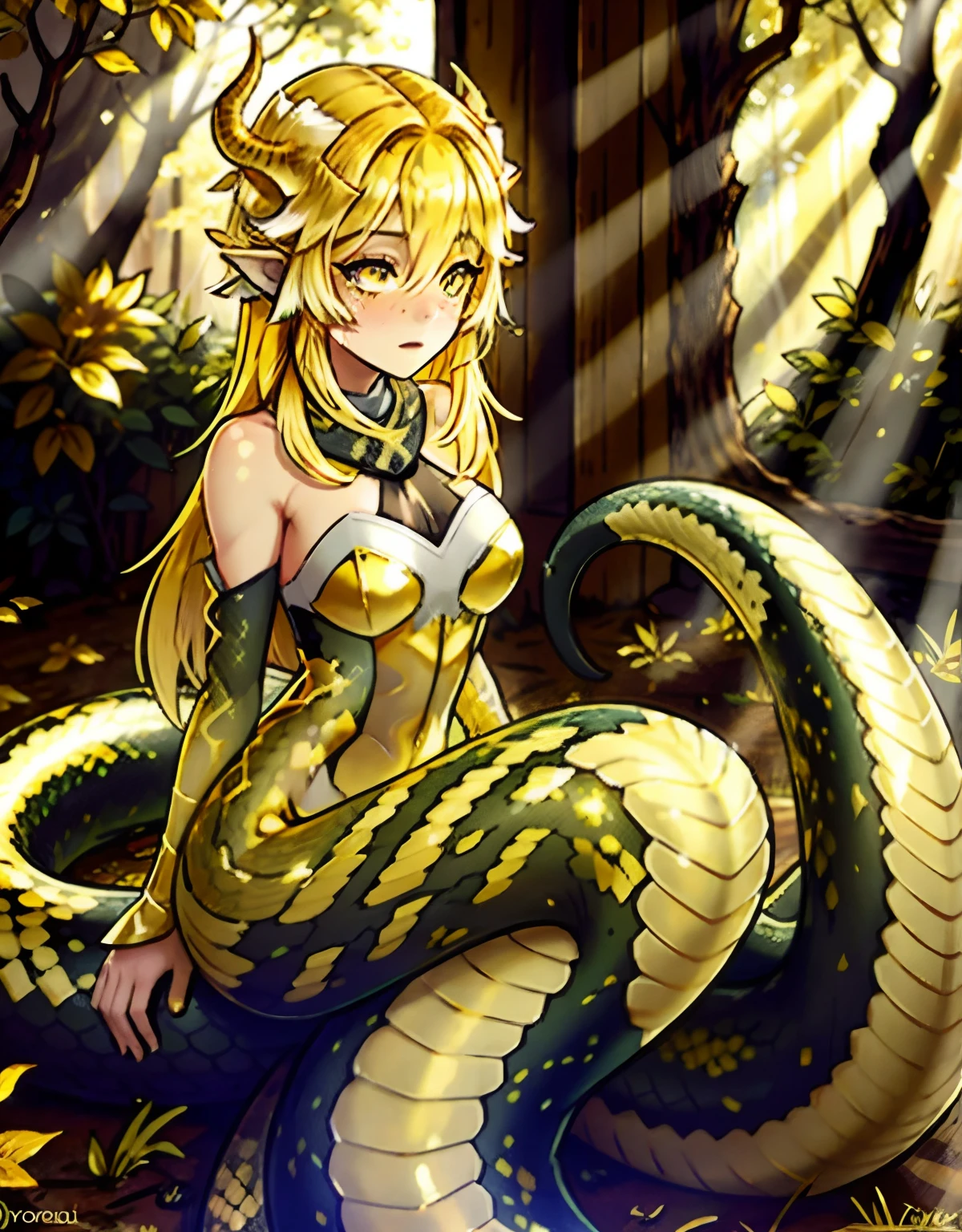 detailed snake skin, (Adult ), solo focus, (lamia), stoic, monster girl, (short horns), beautiful eyes, beautiful background, abandoned cabin, forest, light particles, sun rays, dramatic lighting, outside, grass, leaves, shiny ( yellow, pastel yellow, gold gradient:1.5), realistic, masterpiece, best quality, ultra-detailed, detailed, scenery, beautiful detailed eyes, blushing (towards a male)