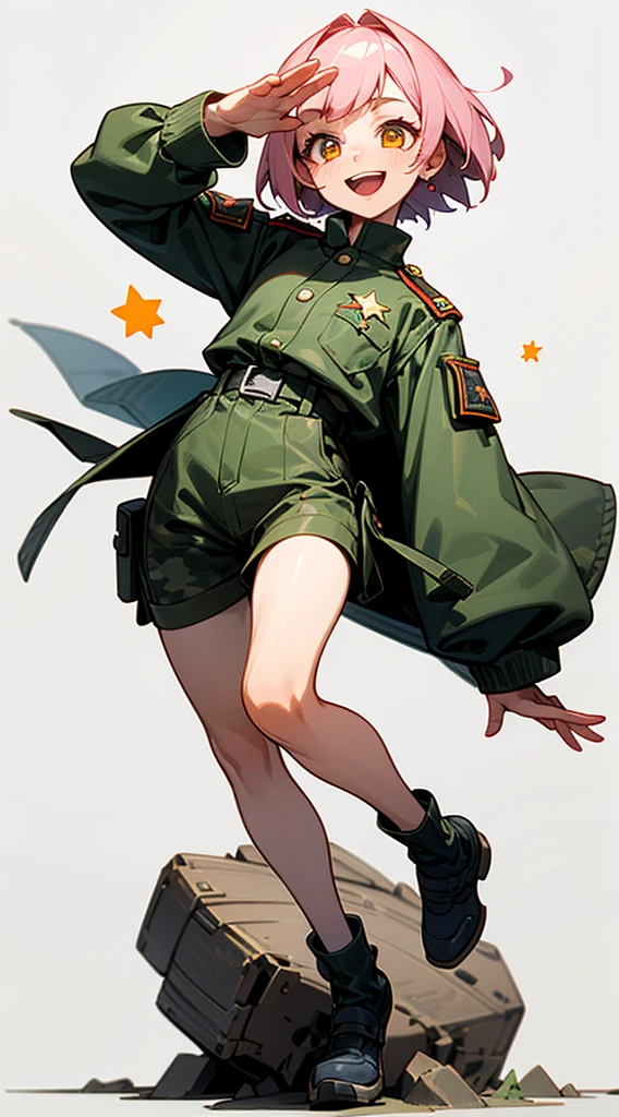 masterpiece,high quality,1 girl,pink short hair,yellow star eyes,girl is whole body,jumping 1girl,((((simple background)))),(((white background))),((1 girl is full body)),extremely detailed face,wallpaper,best quality, highly detailed, ultra detailed, high resolution, absurdres, 4K, detailed face,delicate fingers,standing pose,detailed hair,anime,illustration,face up,whole body,full body,((laughing with mouth open)),military uniform,fine,{{camouflage clothing}},active,white teeth,delicate fingers,{{Shrapnel black bombshell in both hands}},{D}, shine eyes, {{perfect hands}},the corners of the mouth are raisedposing with one hand in salute,