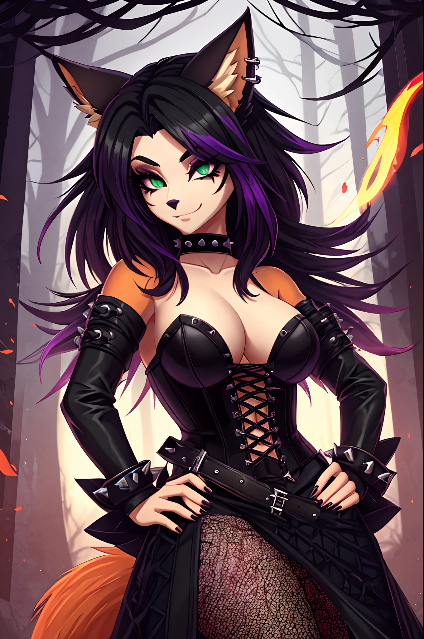 (best quality,4k,8k,highres,masterpiece:1.2),sexy fox girl,(fox snout,fox ears,goth style,punk hair,dark makeup,alluring green eyes,fiery-orange fur),wild and untamed expression,dangerous beauty,fiery-orange tail,fierce attitude,black leather choker,studded bracelets,ripped fishnet stockings,edgy outfit with corset,dark and mysterious forest background,ethereal glow from moonlight,soft shadows and highlights,gothic color palette with deep purples and dark greens,subtle smoky eye makeup,wisps of black hair framing the face,l,confident pose with hands on hips,purple highlights in the hair,playful and mischievous expression,slightly tilted head with an enchanting smile,expressive and captivating eyes,black eyeliner and mascara enhancing the allure,subtle glowing tattoos on the arms and legs,slightly tousled punk hairstyle with vibrant streaks ,punk-inspired hair adding an edge,bold choice of jewelry and accessories to complement the goth aesthetic,she exudes both sensuality and strength,creating an intriguing and captivating presence,well-toned abs