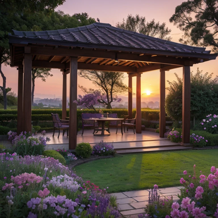 Purple flowers,trpical garden,the setting sun,pavilion