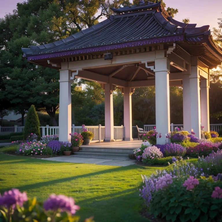 Purple flowers,trpical garden,the setting sun,pavilion