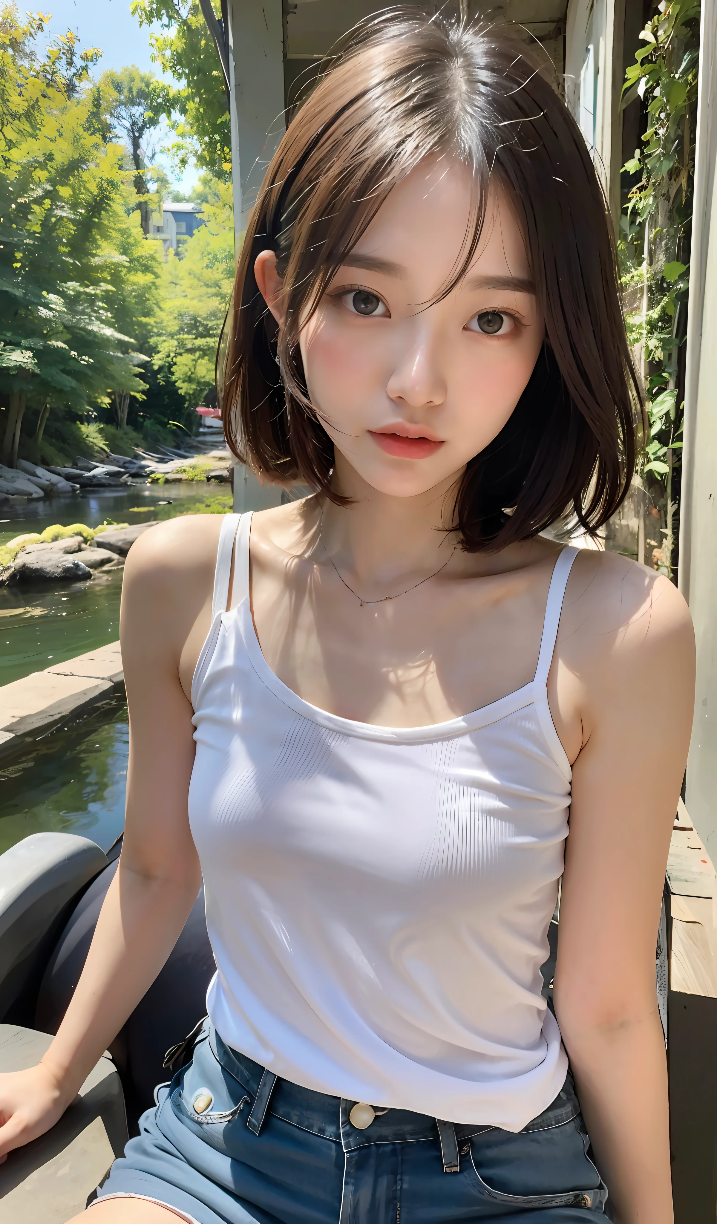 1 girl in、​masterpiece、top-quality、realisitic、short shoulder-length hair、White tank top、Short pants、、enticing eyes、(a river、ighly detailed