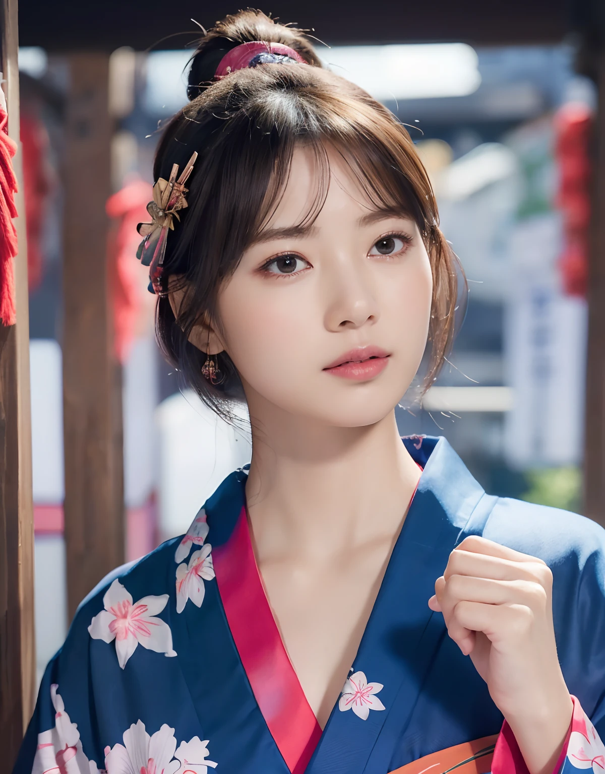 (top-quality、8K、32K、masterpiece、超A high resolution、nffsw:1.3)、(Japan idol:1.3)、1girl in、(Colossal tits:1.25)、(short-hair)、abdominals、the perfect body、((Takan Ninja)), Delicate facial features, Ultra-realistic, Hyper-realistic, 鎖骨、Shadow、octan render、((Wear a beautiful kimono with a high degree of exposure)),hyperdetailed face、Detailed lips、finely eye、二重まぶた、(魅惑的)、((agitation:1.5))、maikurobikini、((super realistic details))、portlate、globalillumination、(sexypose)、Shadow、octan render、8K、((Navel))、Armpit、((Female ninja)),Kunoichi Ninja、Throw shurikens、Japan holding a sword、Mystical expression、shrine background、Old Town of Japan、((heavy breasts)),Toostock、mecosuji、Kimono with colorful floral pattern、highcontrast、(((Multicolored blue kimono))),