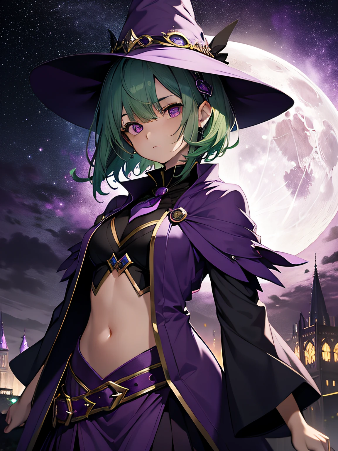 top-quality、extremely delicate and beautiful、(A teenage girl)、Purple Eye、Green hair、short-haired、(purple witch hat)、Purple tie、Soio、shortsleeves、Purple skirt、Purple Wizard Robe、Navel、is standing、Facing the front、Full moon night on background