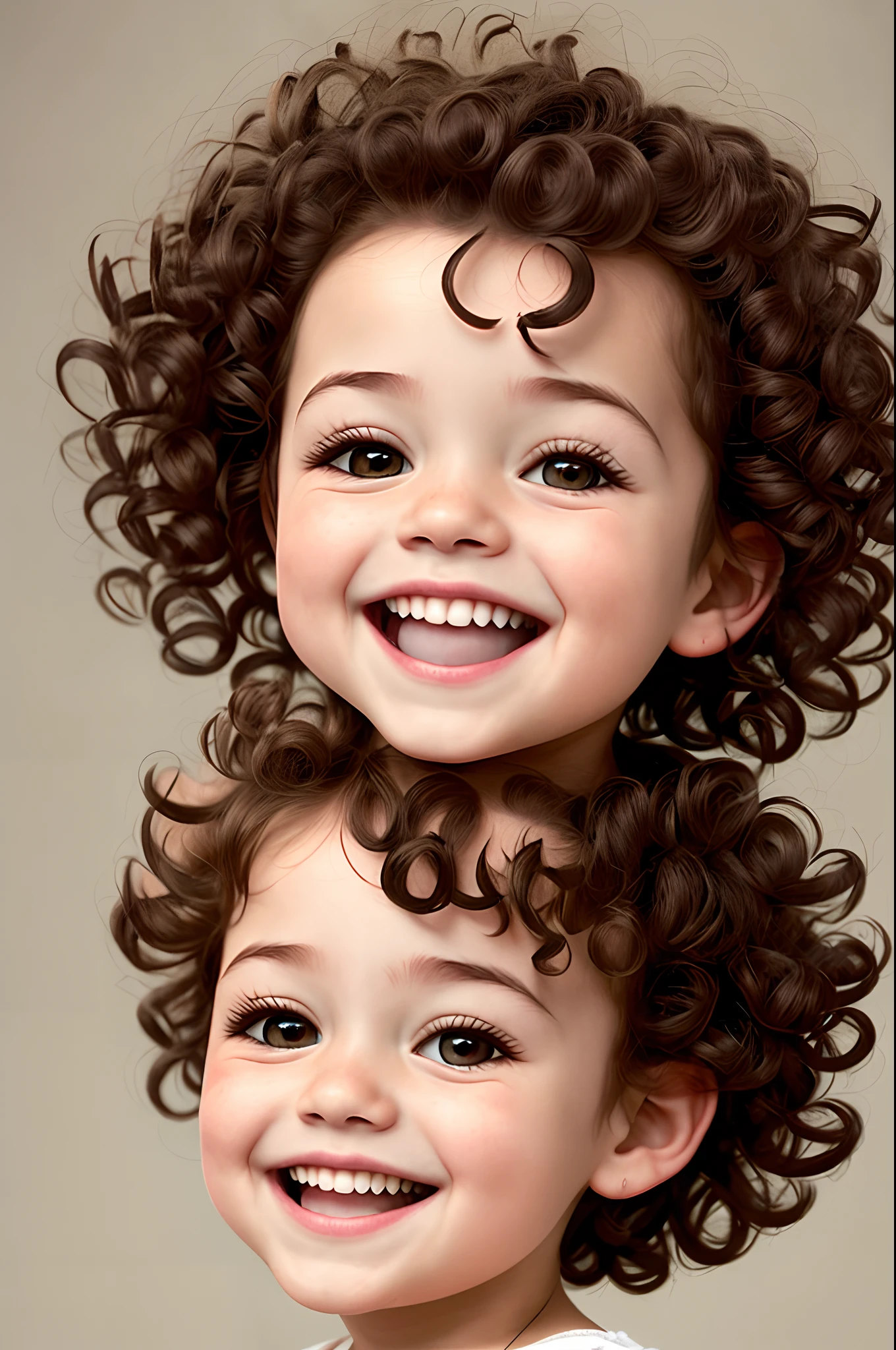 Pixar animation little 2 boy with wild dark curly hair with fair skin and a wide smile showing all teeth