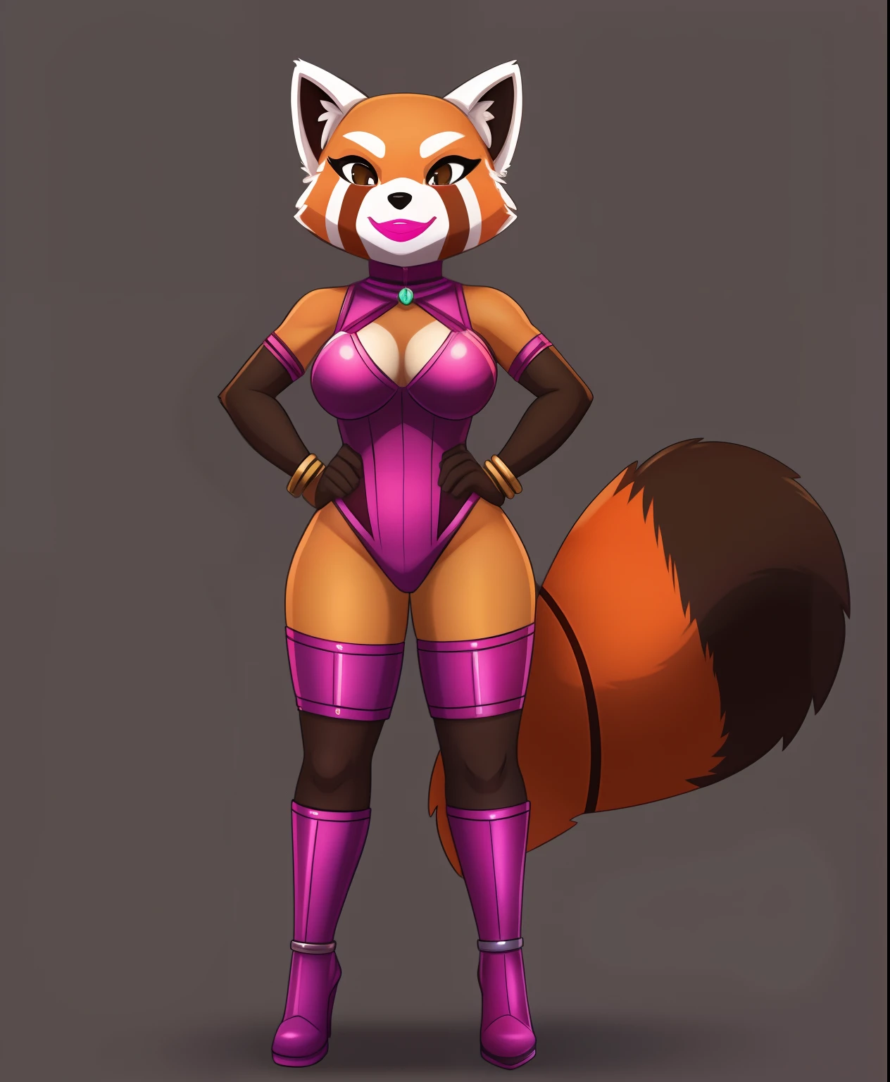 Ringlord the female red panda supervillain, bracelets on their arms, pink lipstick, full body view