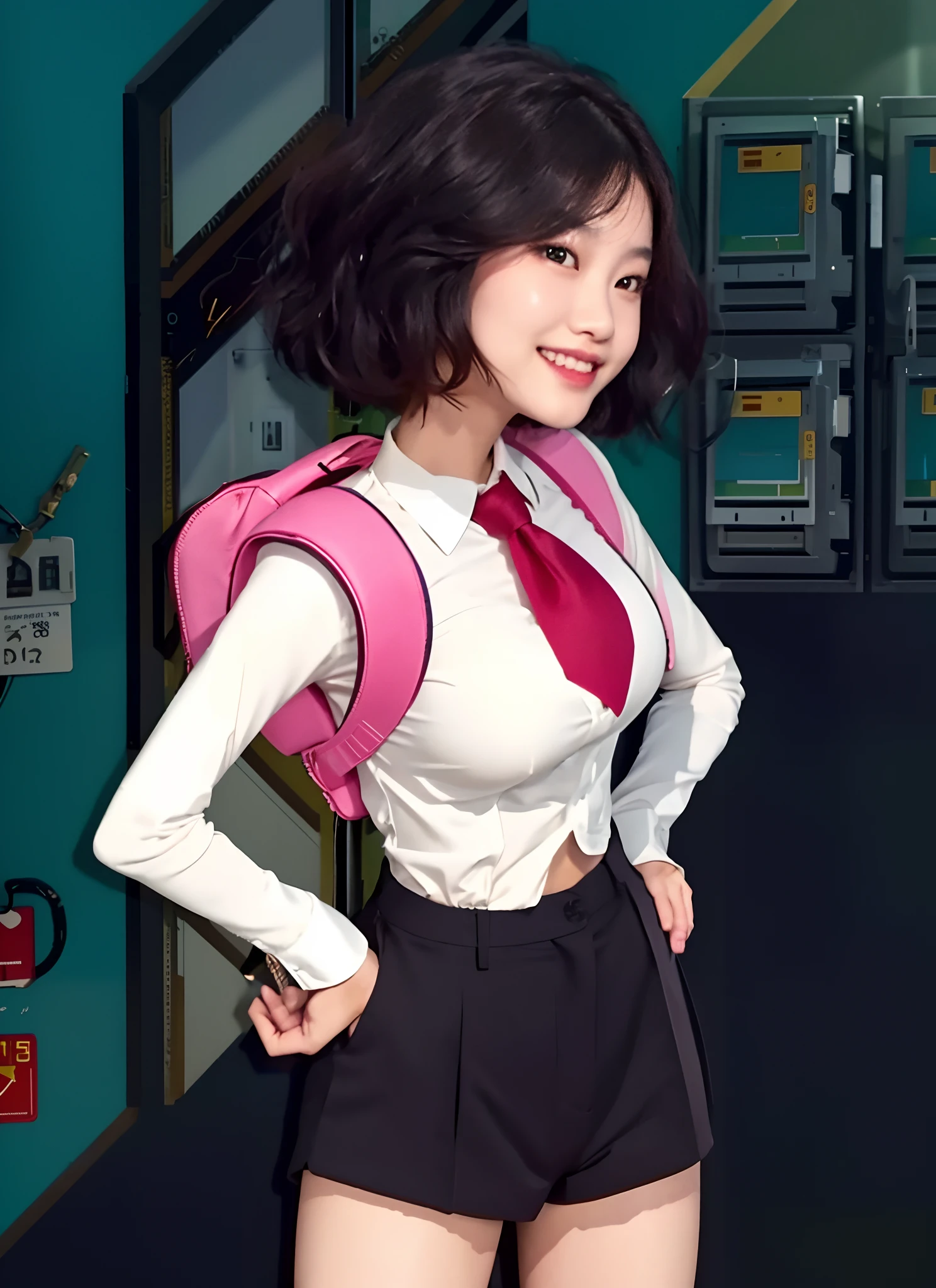 Asian ager, white button up Long sleeve shirt, black suit shorts, soild short red tie, busty, realistic skin detail, realistic clothes detail, 8k, uhd, fullbody, looking forward, grinning smirk, pink heart shaped backpack, short hair, hands on hips