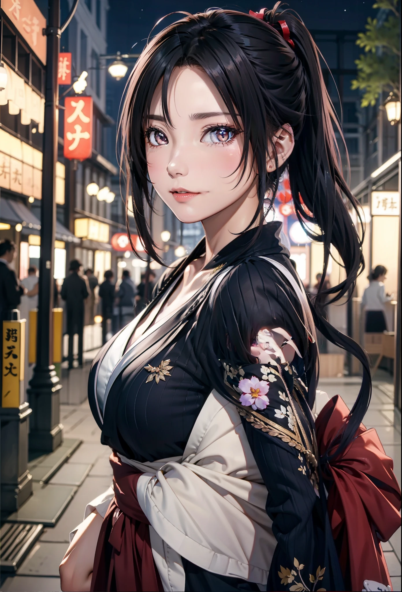 女の子 1 人、top-quality、Photorealsitic: 1.37、超A high resolution、​masterpiece、outside of house、Detailed eye、Nice eye makeup、authentic skin、perfect anatomia、short-hair、(pureerosface_v1:0.8)、A detailed face、bath robe、fair、kyoto、festival、Fans、Black Hair Ponytail、by night、