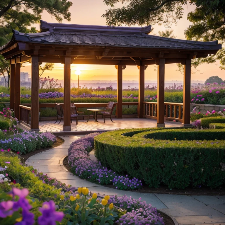 Purple flowers,trpical garden,the setting sun,Pavilion