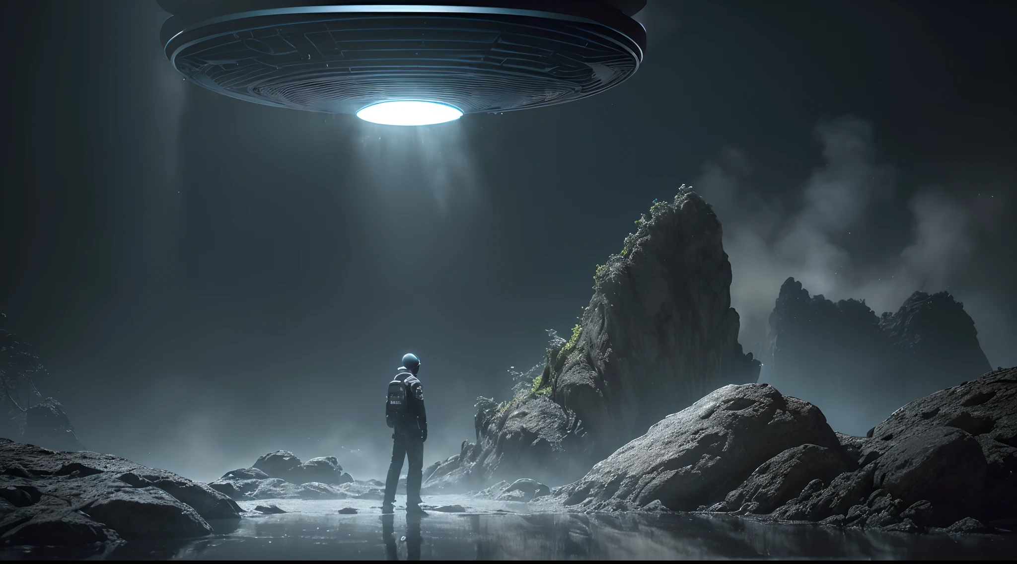 (((Alien, Pure hyperrealism in the highest definition, paleta de colores brillantes RGB, 16K, cinematography lighting, luz rebotada y especular, ambiente oscuro ))), ((ser de otro planeta), ((Specular Illumination: 25° Focus, luz ambiente oscuro)), (Hiperrealista a 16K, Specular light on the piece 25° focus, alto contraste, Renderizado 3D 16K octanaje perfecto, Direct lighting), ((detalles super definidos y texturas realistas)), ((render 3D oct 8)), ((piel gris azulada alto nivel de las texturas)) ((High Visual Impact Cinematic Scene))), ((piezas complejas)), (((especie extraterrestre masculino))), (((erguido, Standing & Full-Body))), ((futuro)), (piso con agua), (((atmosphere with steam and humidity))), (( escenario con detalles altamente definidos)), ((Alien, ser de otra especie)), ((ser de otro mundo))