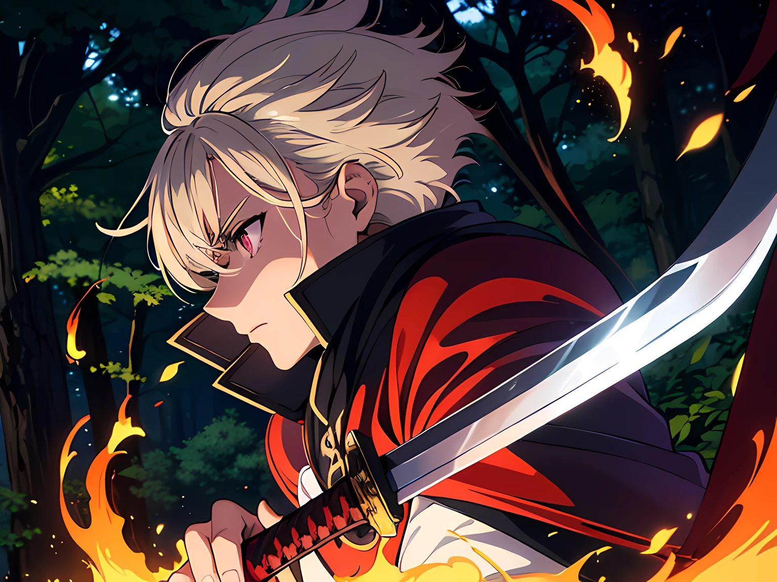 modern samurai, short navy hair. he is a righteous samurai who fighting with evil. wearing military uniform. he is fighting with unknown creatures. he hold a sword with flames coming out from his sword. the background is in the forest. Masterpiece, high-resolution, detailed eyes, purple eye color.