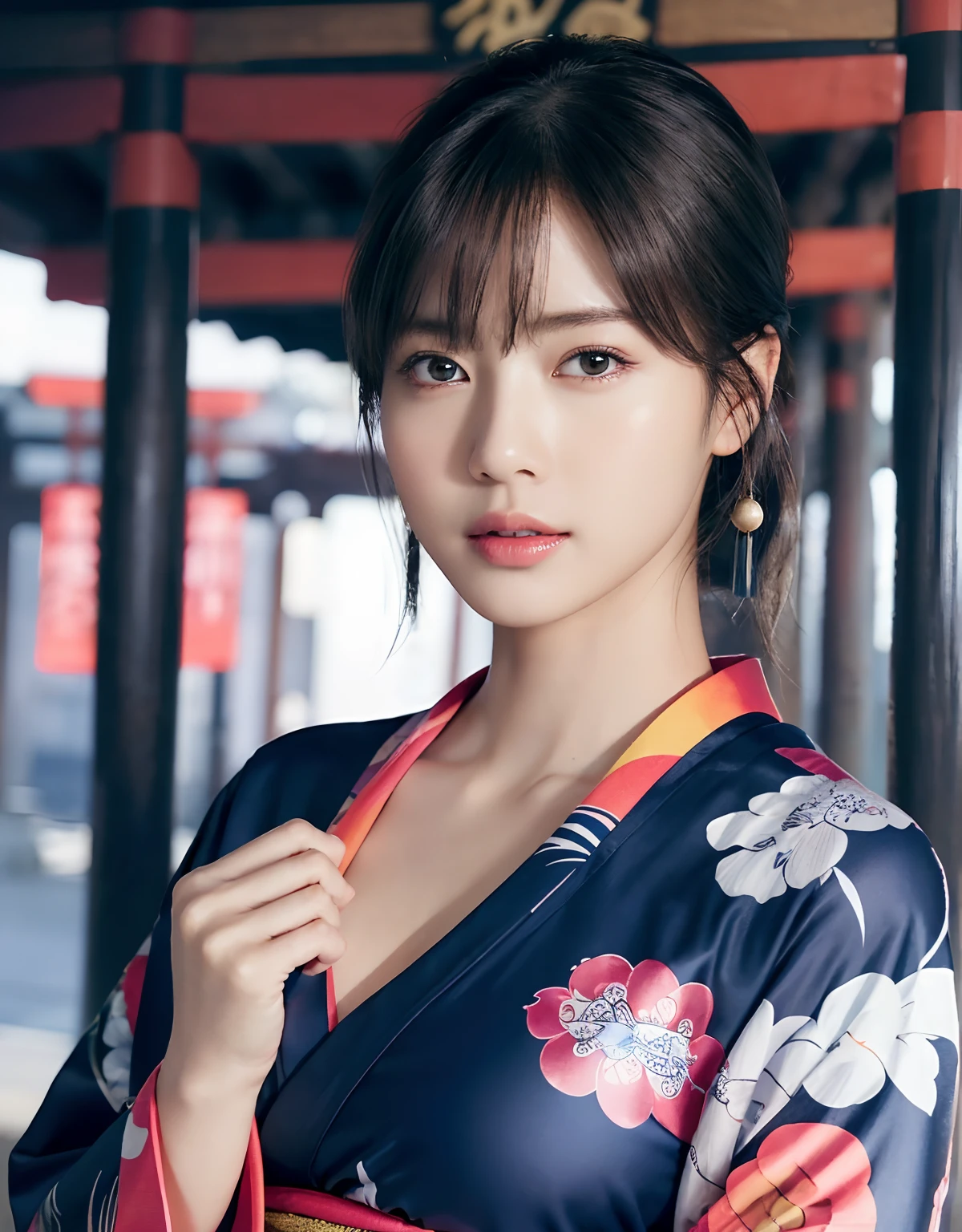 (best image quality、8K)、Looking up in a yukata、RAW photo、realistic、realistic、((The whole body is reflected))、Summer Festival Schedule、night scene、So cute、Beautiful woman、detailed eye、drooling eyes、detailed mouth、detailed nose、beautiful skin、Detailed fingers