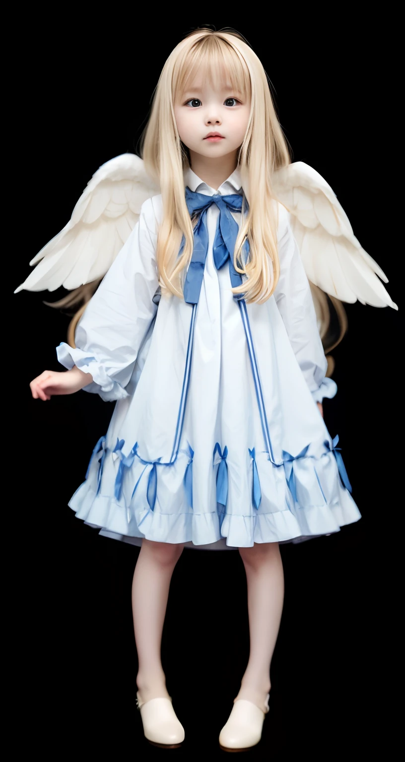 Arafed girl with blonde hair and angel wings wear white blue dress with blue ribbon tie, loli, little long blonde eboy haircut girl