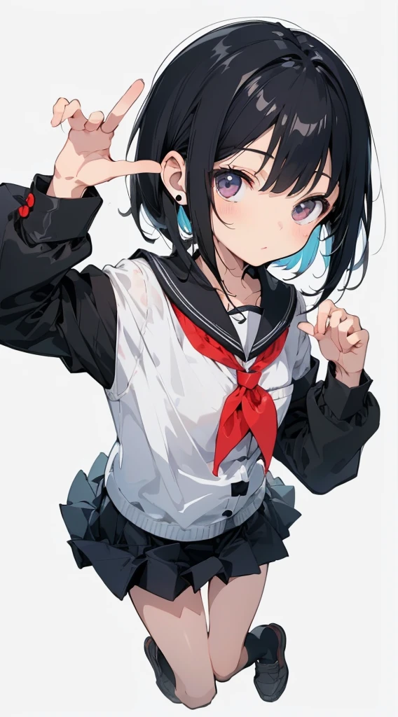 (Top quality illustrations:1.2)、(Cute girl s:1.0)、(女の子1人:1.0)、(Short black hair:1.0)、(School Uniforms:1.0)、(full body Esbian:1.0)、(ultra-detailliert) 、17 ageu have headphones、Jumping