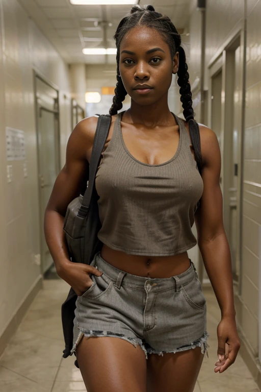 photo of a busty half black girl with (short braids) walking in a prison, big naturals, (expressive face), (carrying a backpack),, (chiseled jaw), (thin lips), (wearing a tank top), school hallway, (short braids), slim waist, muscular upper body, [high resolution]