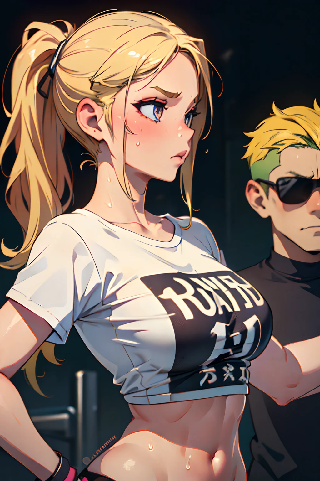 (1girl),large breasts, breasts, tan, dewy skin, sweaty skin, wavy blonde hair, punk tshirt, punk girl