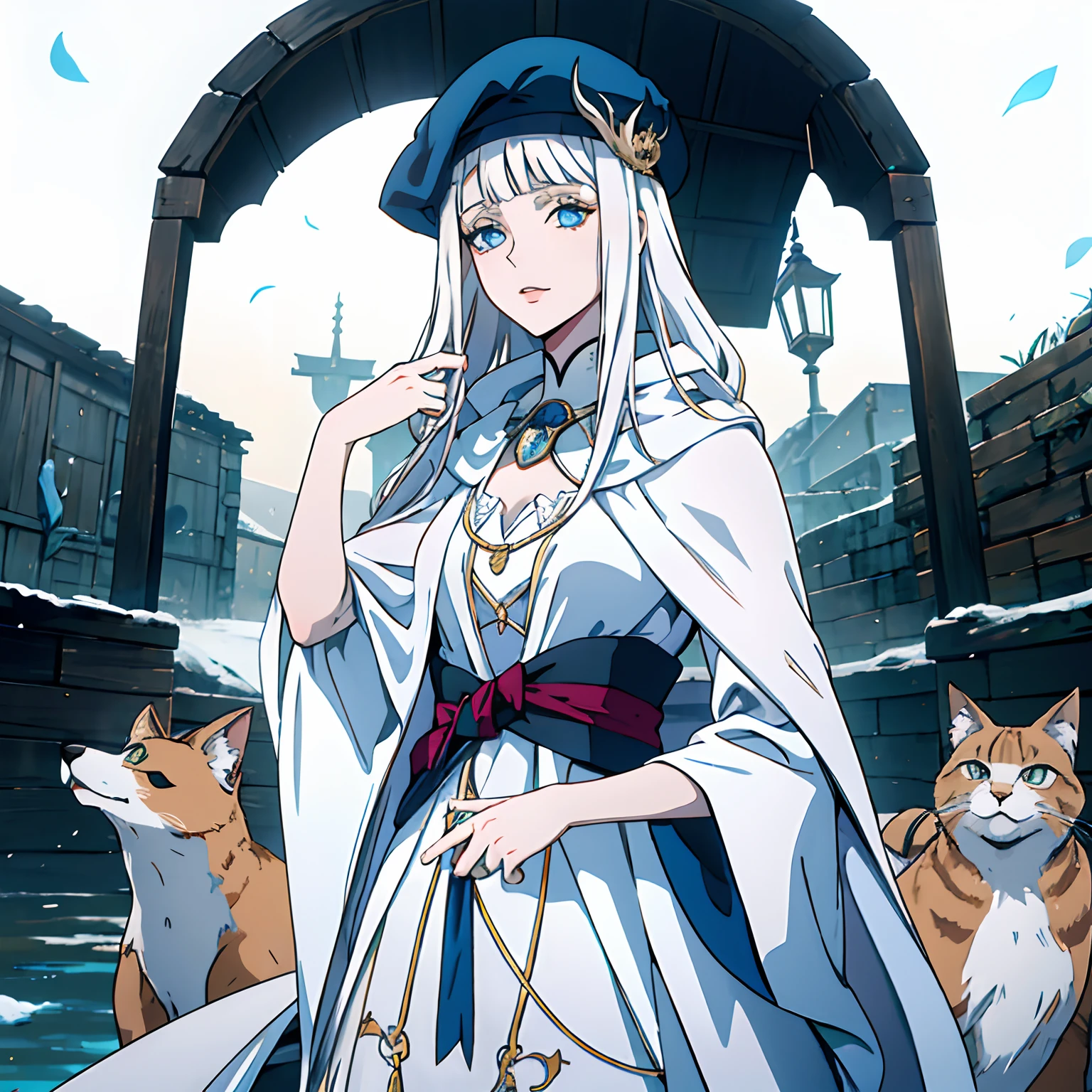 Garota de cabelos brancos, orelhas de gato branca, Wearing a white witch's hat, olhos azuis