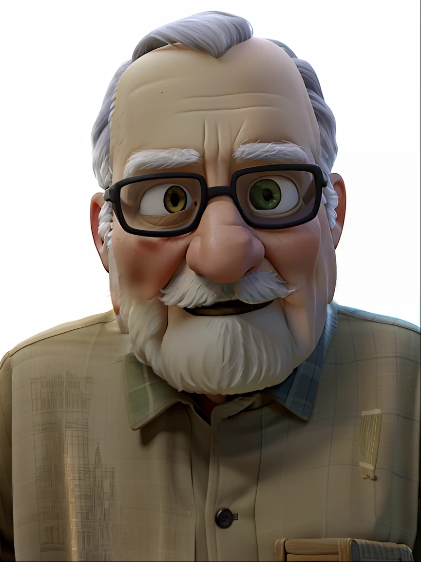 A wise old man standing in front, illuminated by the light of a lamp, against the backdrop of a library