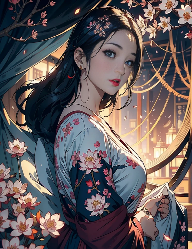 1female，45 yers old，Married Woman，plum，extremely large bosom，（Background with：ponds，Cherry blossom forest，lotus flower）standing on your feet， She has short black hair，seen from the front, mostly cloudy sky，masterpiece，（Very detailed CG unity 8K wallpaper），best quality，cinematic lighting，detailed back ground，beautiful detailed eyes，Bright pupils，Black eyes，Red lip, Very fine and beautiful，Beautiful and detailed eye description, ultra - detailed，tmasterpiece, facing at camera，A high resolution，ultra - detailed