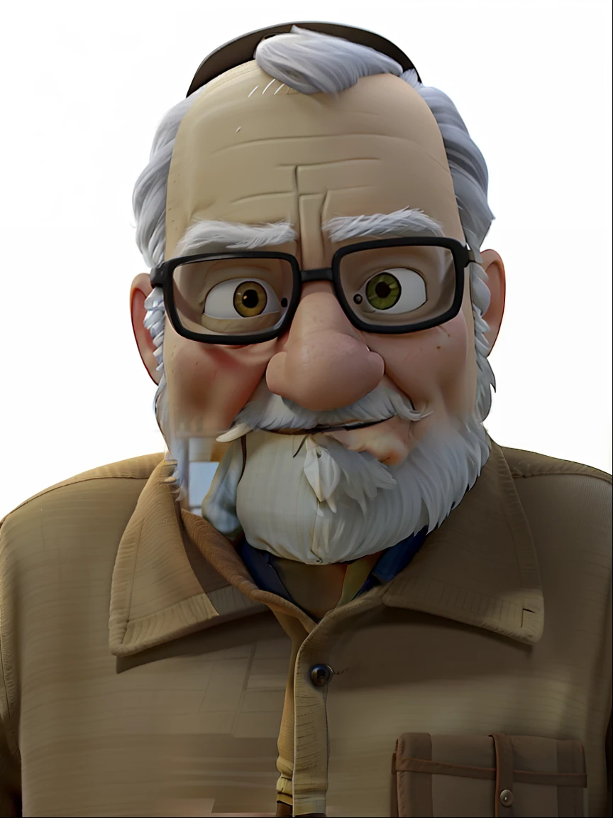 A wise old man standing in front, illuminated by the light of a lamp, against the backdrop of a library