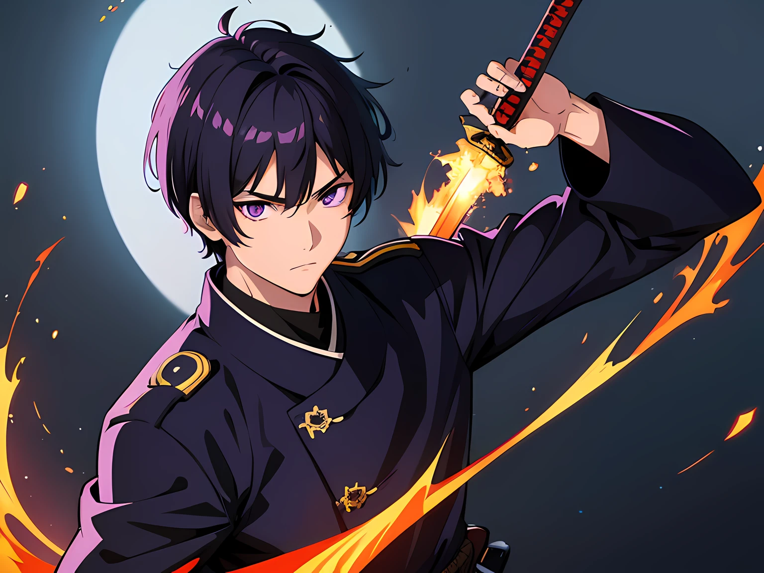 modern samurai, short navy hair. he is a righteous samurai who fighting with evil. wearing military uniform, fighting with unknown creatures. he hold a sword with flames coming out from his sword. Masterpiece, high-resolution, detailed eyes, purple eye color.