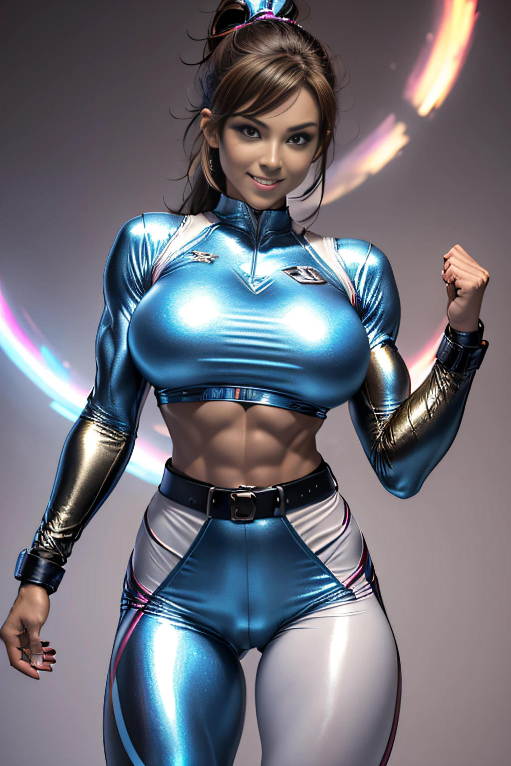 Arafe woman solo with ponytail hair、Fighting Game Fighter、Fitness Model、Big breasts about to burst、No exposed skin、Metallic Light Rainbow Combat Suit、Five-fingered、chop、thin and long legs,、Fitness Body Shape、half-pants、White belt、Pose ready to fight、Mischievous smile