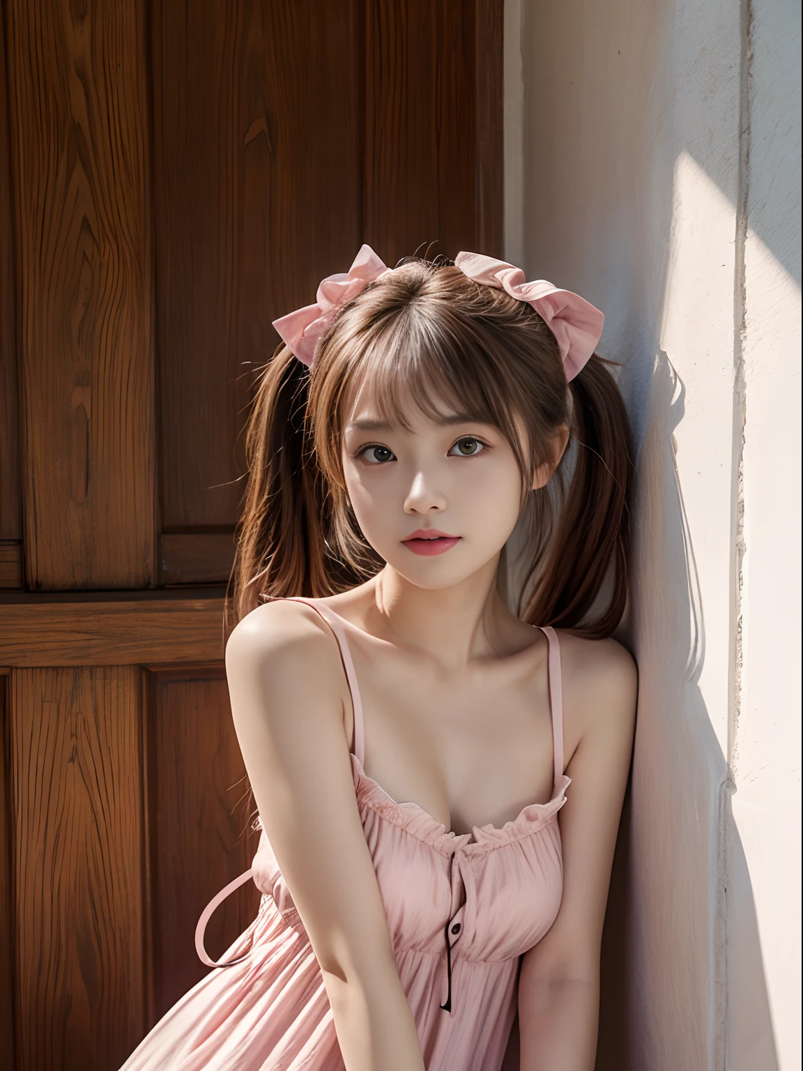 masterpiece、8K、32K、top-quality、(A cute Japanese woman:1.2)、detail portrayal、1 girl in、(elegent)、23years old、(PINK Sundresses:1.3)、cowboy shot、( Pigtails:1.2)、tits out、raise both arm、catch a cold、rays of sunshine、Lying in the steppe