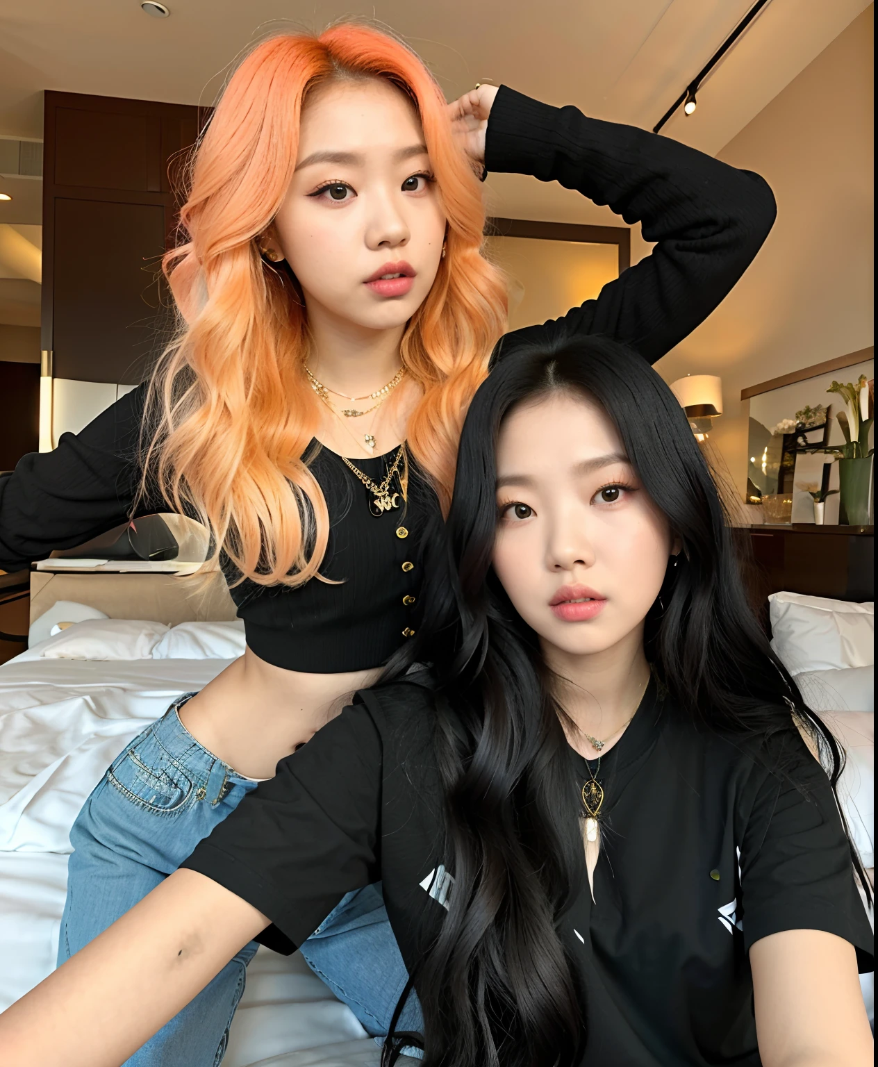 Dos mujeres sentadas en una cama con los brazos en las caderas, con negro, rosa negro, ulzzang, Jossi de Blackpink, Nixeu y Sakimichan, Cabello de dos colores, con hiedra, Parque Roseanne de Blackpink, ๐๐คก, inspirado por Wang Duo, # Oc, #Oc, Peach and Gum style, KDA y Sam Yang