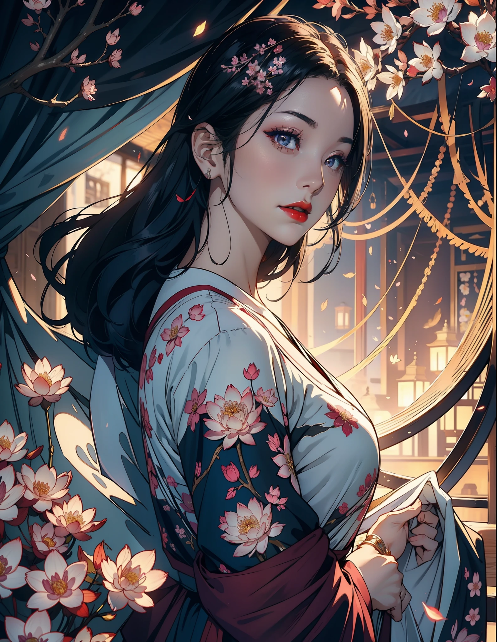 1female，45 yers old，Married Woman，plum，extremely large bosom，（Background with：ponds，Cherry blossom forest，lotus flower）standing on your feet， She has short black hair，seen from the front, mostly cloudy sky，masterpiece，（Very detailed CG unity 8K wallpaper），best quality，cinematic lighting，detailed back ground，beautiful detailed eyes，Bright pupils，Black eyes，Red lip, Very fine and beautiful，Beautiful and detailed eye description, ultra - detailed，tmasterpiece, facing at camera，A high resolution，ultra - detailed