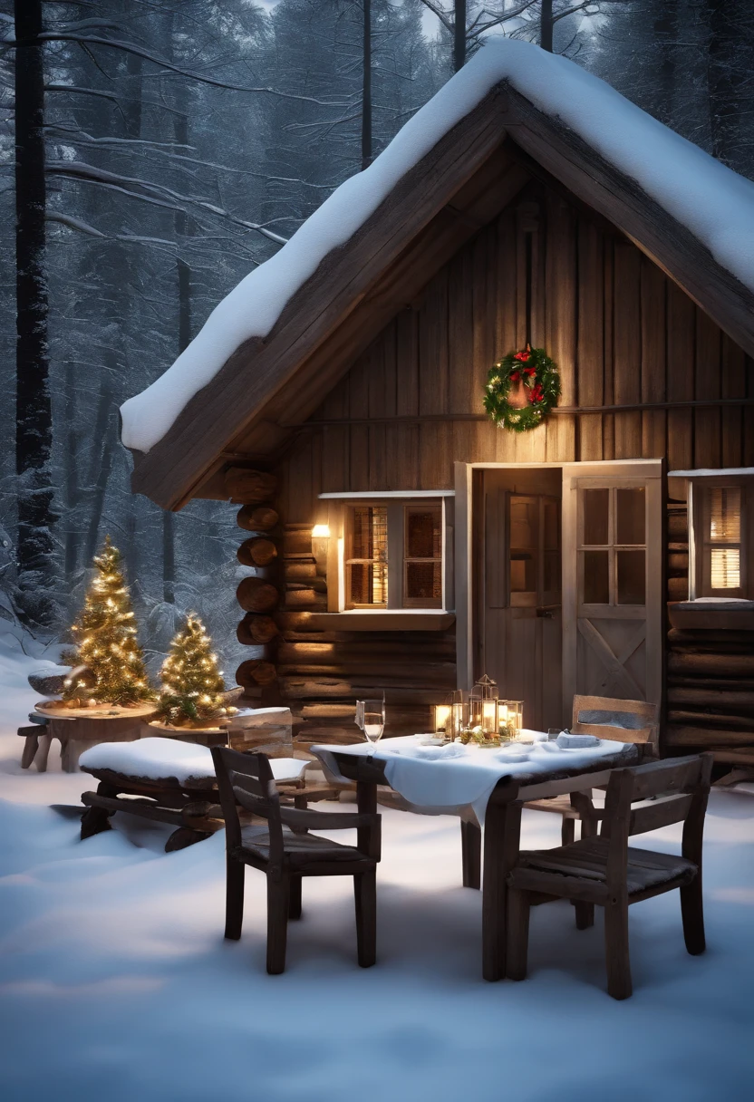 a table outside a cabin with gifts, shutterstock, very high resolution, by Dietmar Damerau, winter setting, by Franz Hegi, incredibly realistic, in the snowy landscape, enchanted inside winter forest with snow, photorealistic, hyperrealistic, detailed, wide vision, cinematic realism