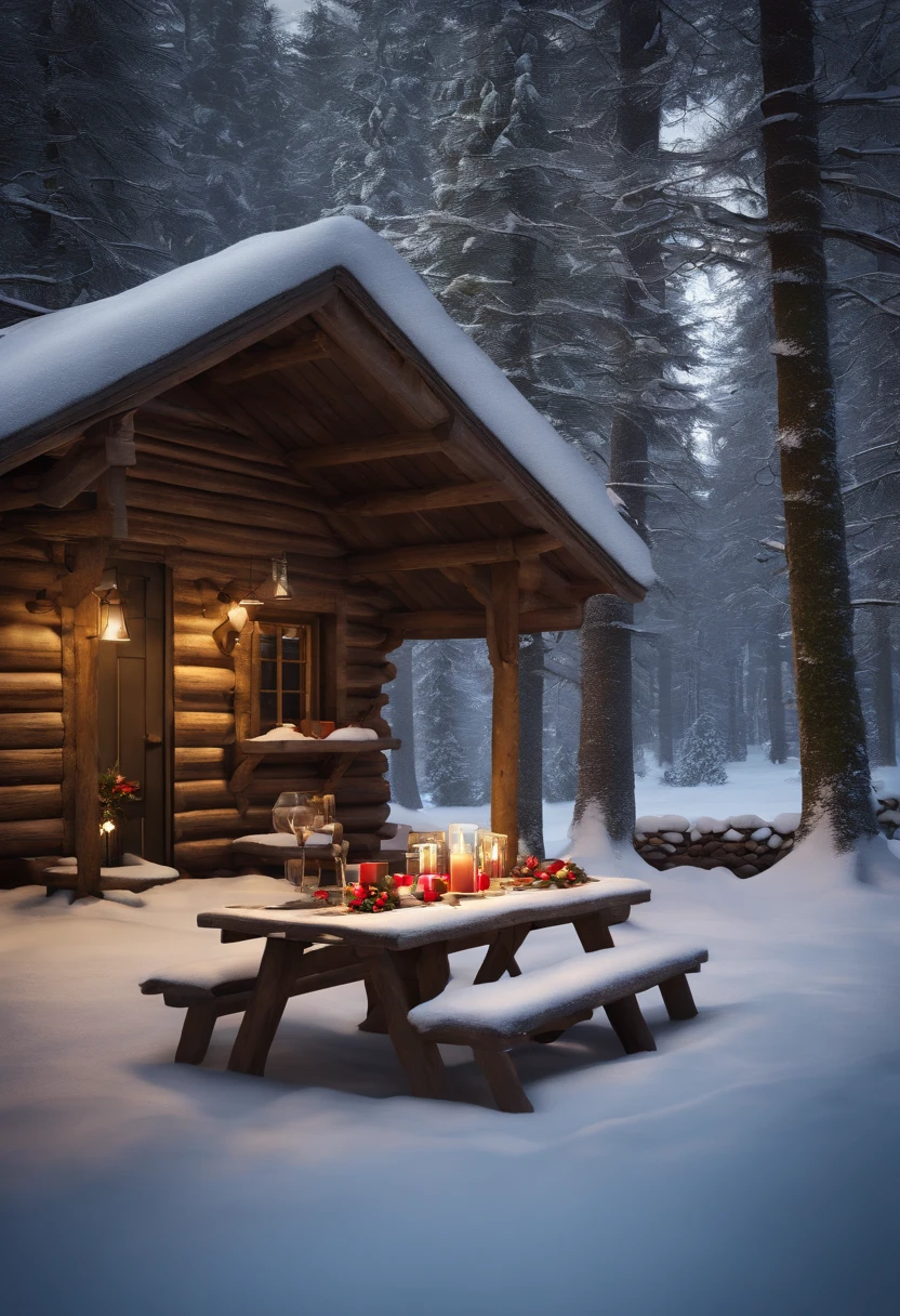 a table outside a cabin with gifts, shutterstock, very high resolution, by Dietmar Damerau, winter setting, by Franz Hegi, incredibly realistic, in the snowy landscape, enchanted inside winter forest with snow, photorealistic, hyperrealistic, detailed, wide vision, cinematic realism