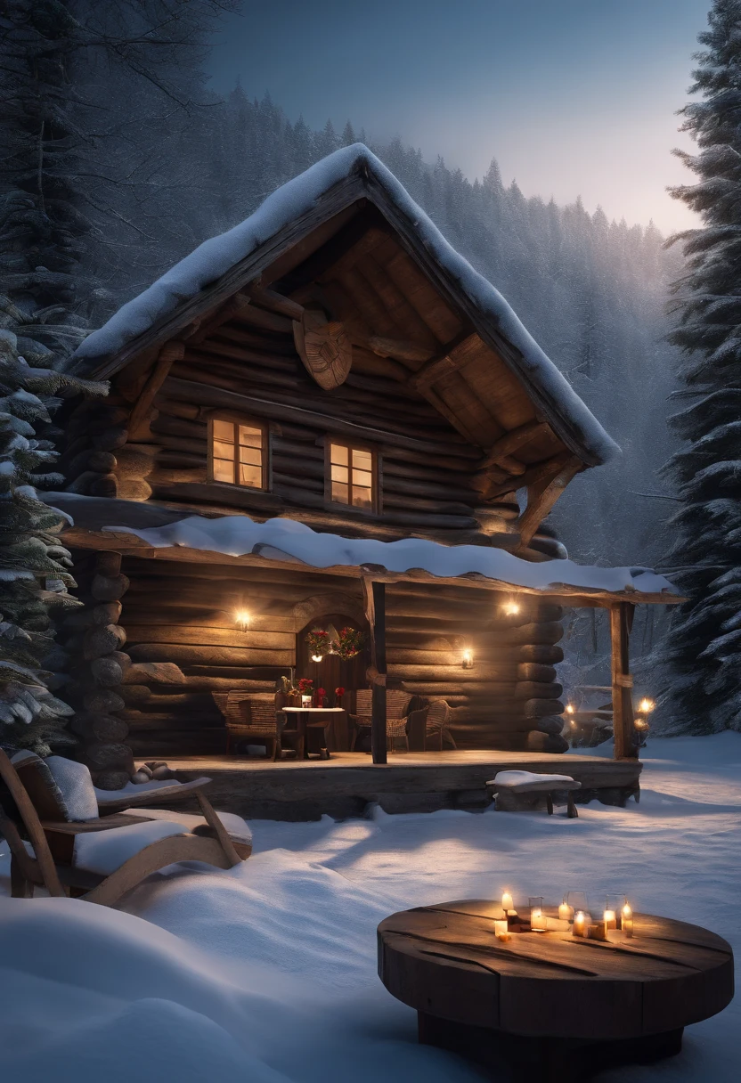 a table outside a cabin with gifts, shutterstock, very high resolution, by Dietmar Damerau, winter setting, by Franz Hegi, incredibly realistic, in the snowy landscape, enchanted inside winter forest with snow, photorealistic, hyperrealistic, detailed, wide vision, cinematic realism