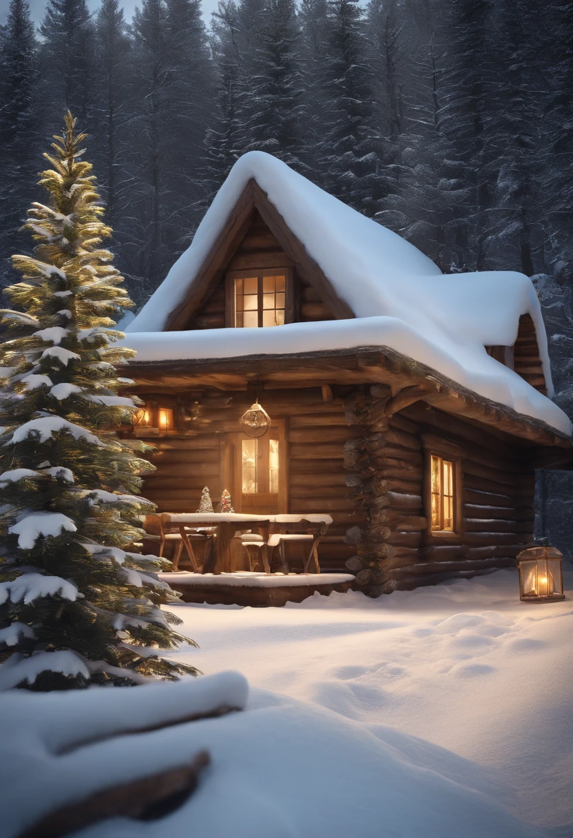 a table outside a cabin with gifts, shutterstock, very high resolution, by Dietmar Damerau, winter setting, by Franz Hegi, incredibly realistic, in the snowy landscape, enchanted inside winter forest with snow, photorealistic, hyperrealistic, detailed, wide vision, cinematic realism