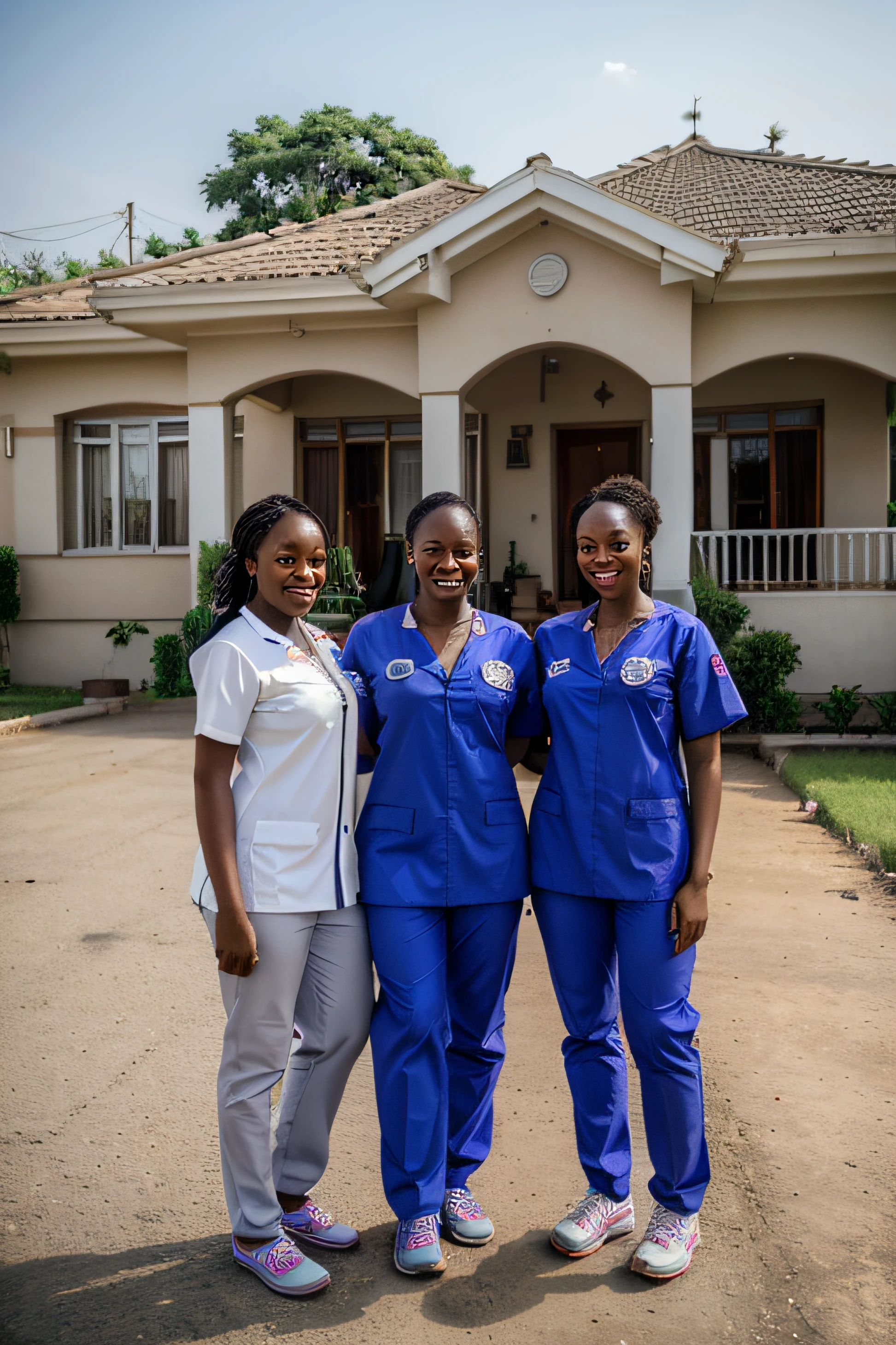Full length Photography, ultra-realistic, A group of smiling Nigerian home health care professionals, beautiful, wearing scrubs and badges,wearing crocs,highly detailed, standing in front of a house with a sign that says “Prompt Home Health”. frame ratio 9:16,wide shoot.