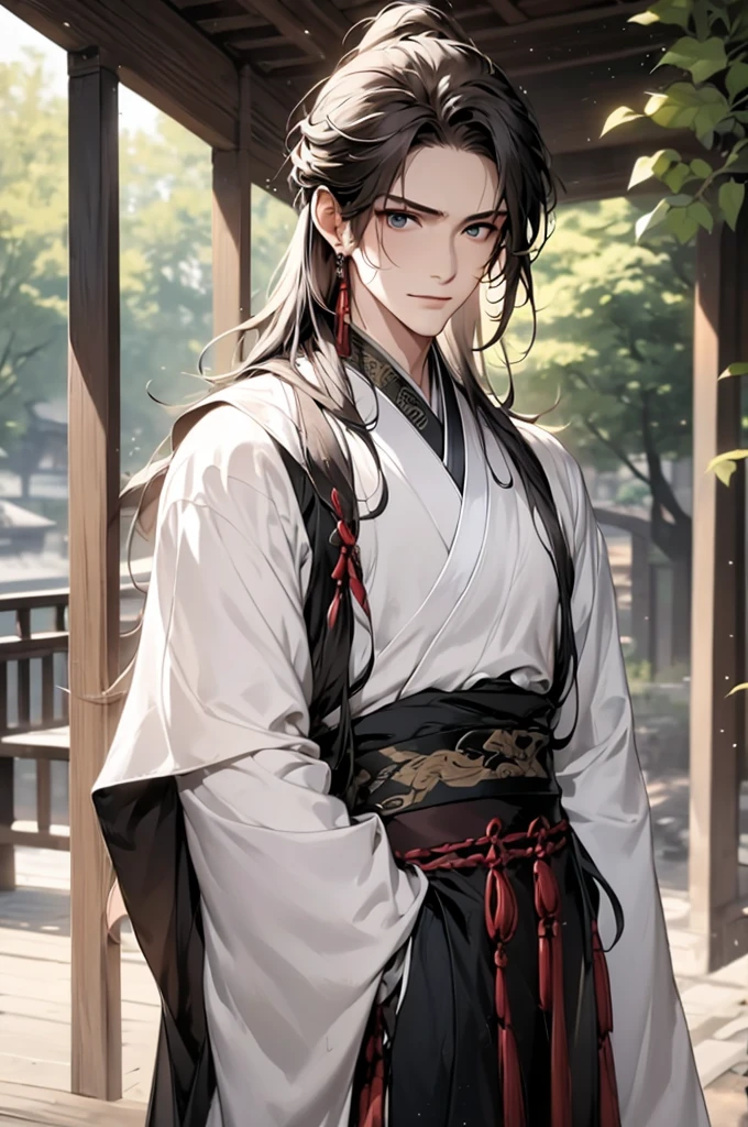 1boys, 独奏,Chinese clothes，Hanfu，tmasterpiece, best qualityer, 8K, cinematric light, 超高分辨率, chinese paintings,  florals, hair adornments, white backgrounid, brunette color hair, Chinese art, Hanfu, long whitr hair, obi strip, The upper part of the body,Hanfu