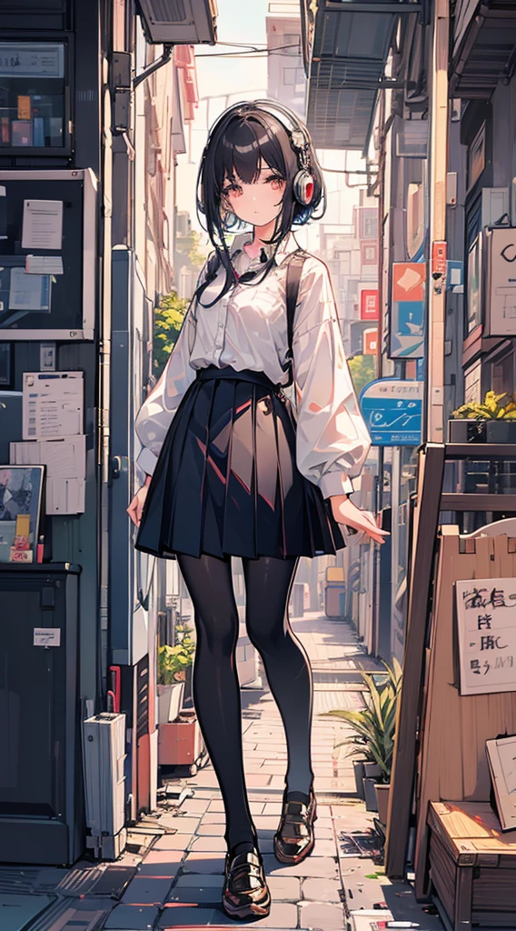 (Top quality illustrations:1.3)、(Cute little girl s:1.0)、(女の子1人:1.0)、(Short black hair:1.0)、(School Uniforms:1.0)、(full body Esbian:1.0)、(ultra-detailliert) 、17 age、Wearing headphones、