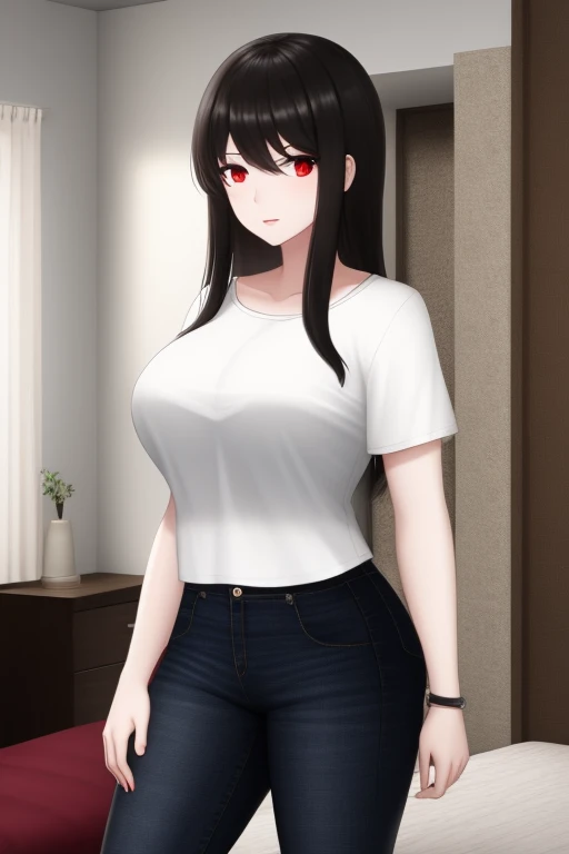 Black hair, red eyes, white t-shirt, pale skin, jeans, 1girl, (gigantic breasts:0.5), bedroom