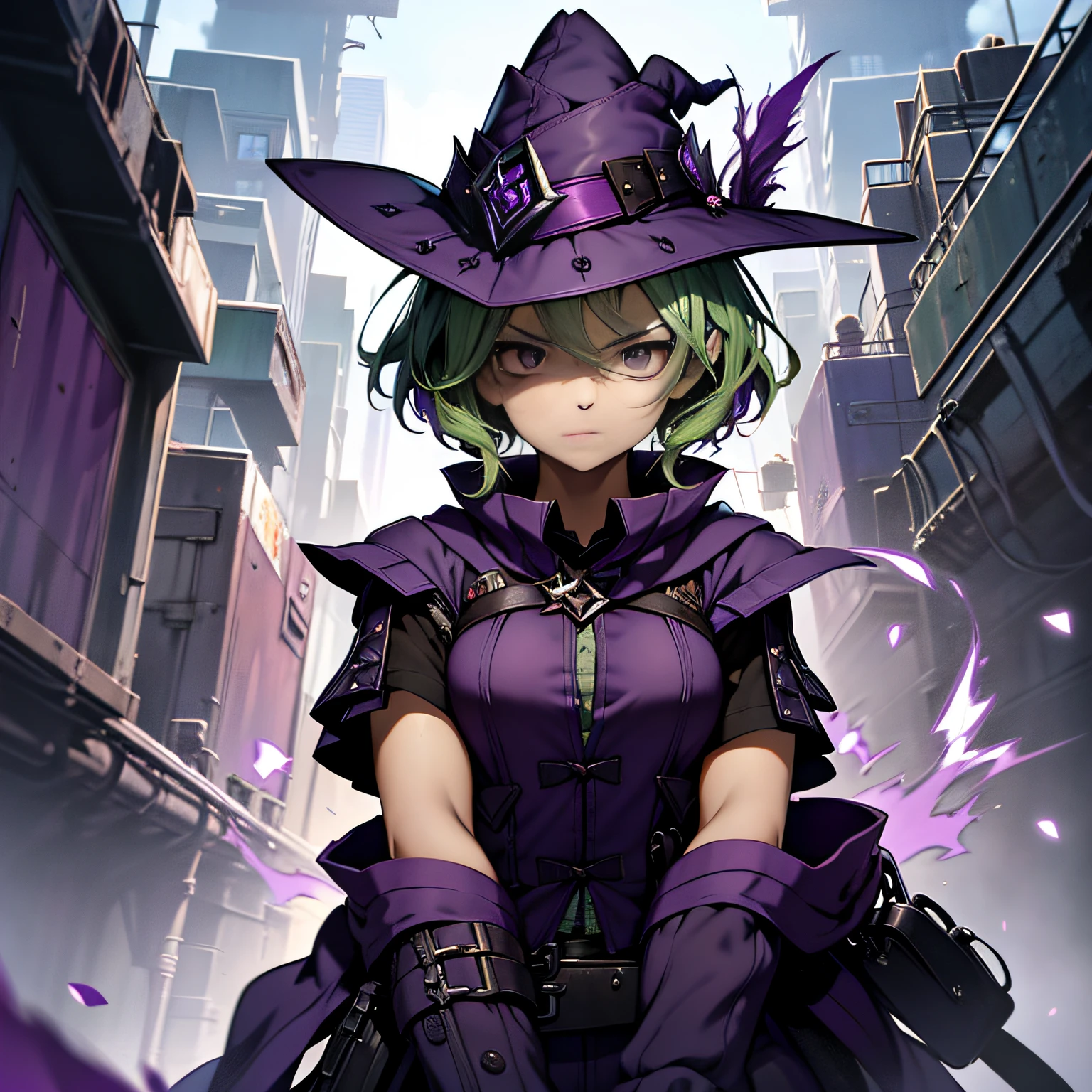 top-quality、extremely delicate and beautiful、(A teenage girl)、Purple Eye、Green hair、short-haired、(purple witch hat)、Purple tie、Tactical Vest、Soio、shortsleeves、Purple skirt、Purple Wizard Robe、Navel、is standing、Facing the front、Expression of hatred、Dark background、Only eyes