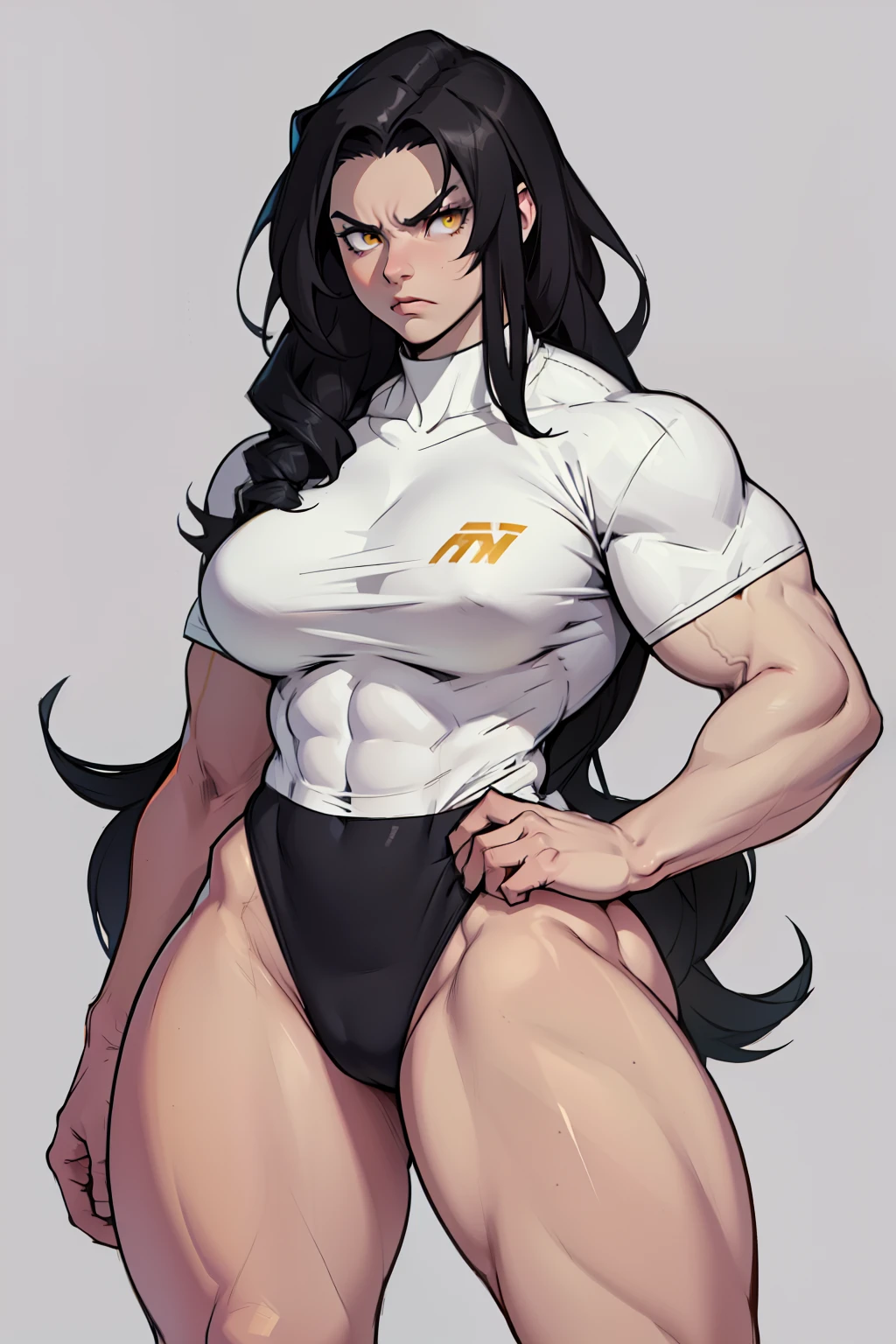 pale skin ((1 girl muscular toned body bodybuilder curvy wide hips thick thighs)) ((grey background)) black hair yellow eyes (very long hair) angry (solo) standing tight shirt