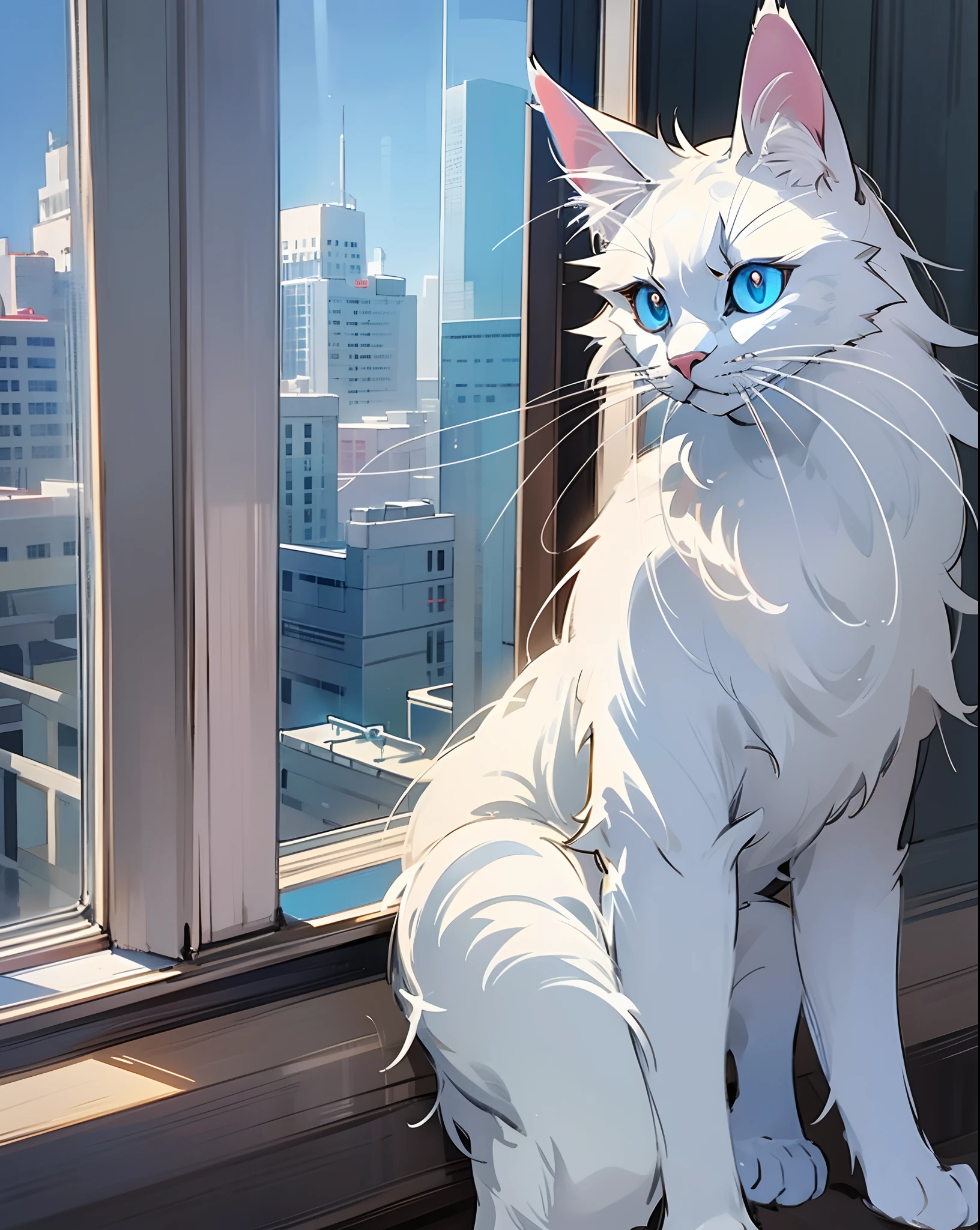 an alpha male blue eyed white mainecoon cat, sitting by the art deco windows, --auto --s2