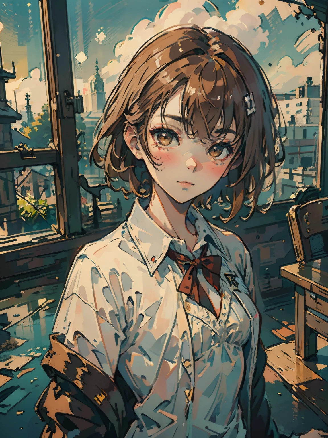 (masterpiece, best quality),(impressionism:1.4), misaka_mikoto, brown eyes, looking at viewer, solo, short_hair, closed_mouth, collared_shirt, looking_at_viewer, school_uniform, shirt, white_shirt, small_breast, classroom