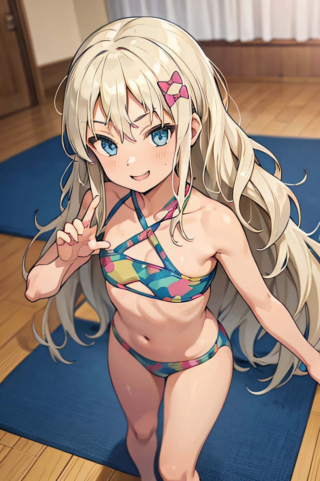 Gregor \(kancolle\)
Blonde hair
Wavy hair
longhair
Hair Bow
Pink bow
Green Eyes
blue eyes、Vivid Color Bikini、inside in room、The floor is a wrestling mat、A smile、is standing