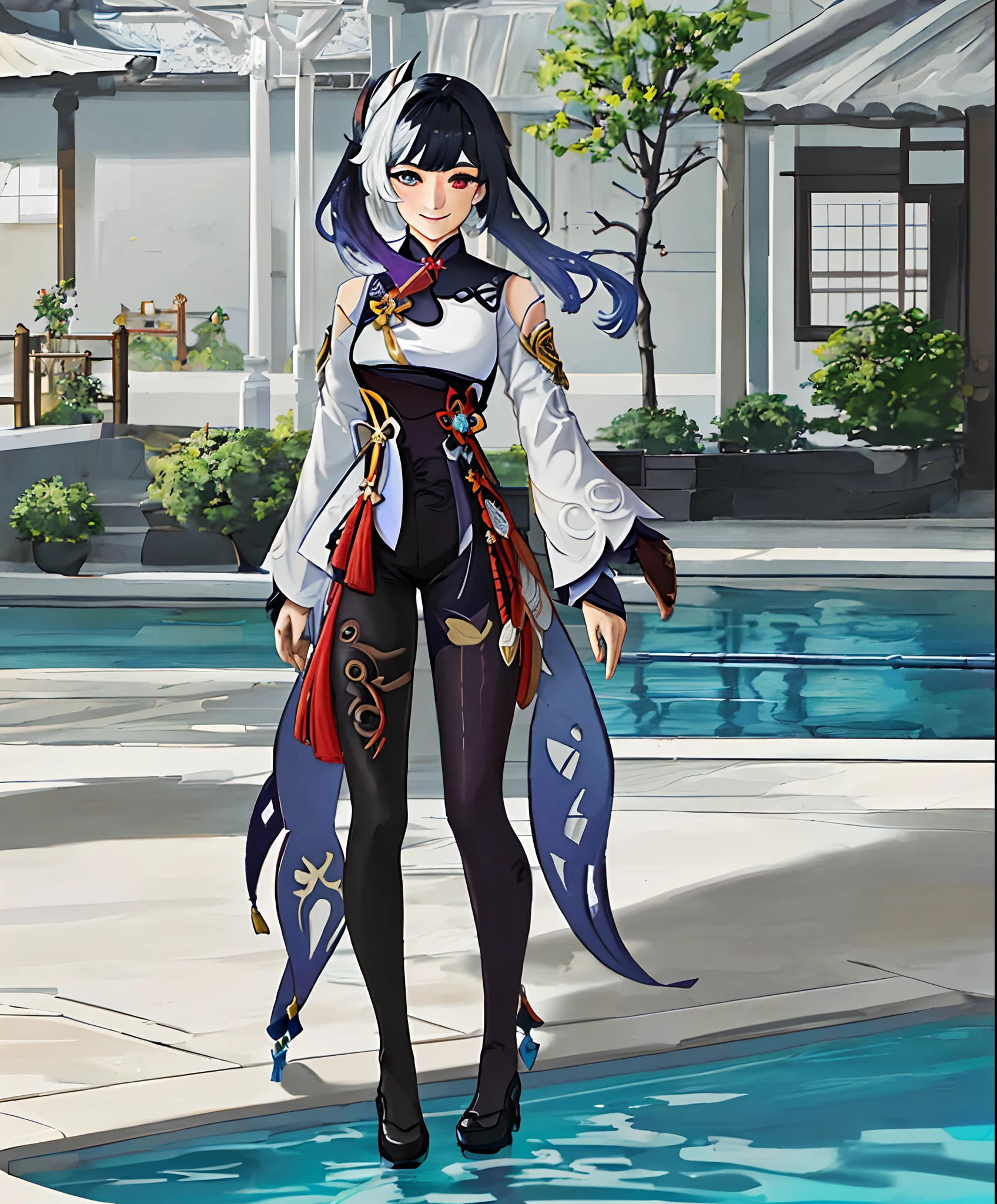 (1 Wanderer from genshin impact),(beautiful eyes finely detailed, heterochromia, Face to detail, dark blackhair), full body, with iconic wanderer style, smile on her face, standing near the pool, looking at you, masterpiece, top-quality, detailed, High resolution illustration