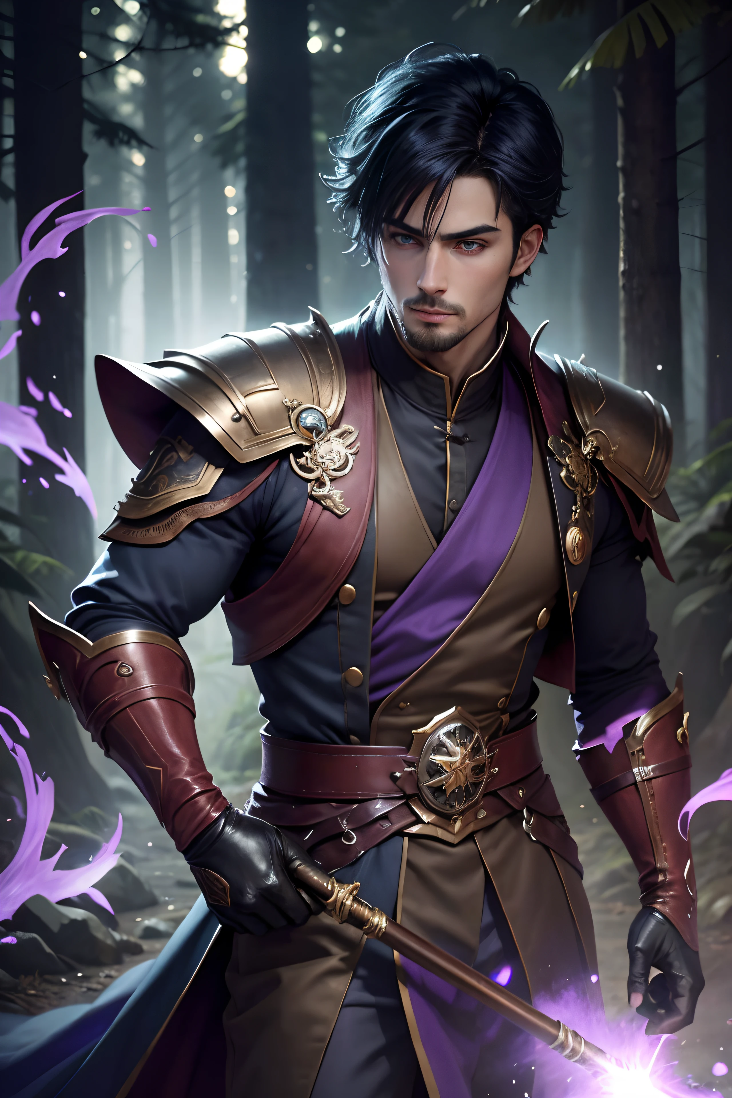 8K,Photorealsitic, Raw photography, top-quality;1.4) , (One adult male), Super handsome without a beard, (Lifelike face), long blue-black hair, Handsome prince with glowing purple eyes, Cyan and purple aristocratic exterior, Cyan and purple trousers, cyan decoration, glares, holding a staff, Wearing purple leather gloves, forests, Gwaitz style, realisitic, Precise details, unrealengine, Beautiful expression, Details of each part, A red fireball glows in the palm(effect), 超A high resolution, A hyper-realistic, attractive male, Foot Armor, real looking skin, Fantasy Emperor, Handsome man, wind magic, water magic, forest at night, stars in the sky, short hair, goatee, silk clothes