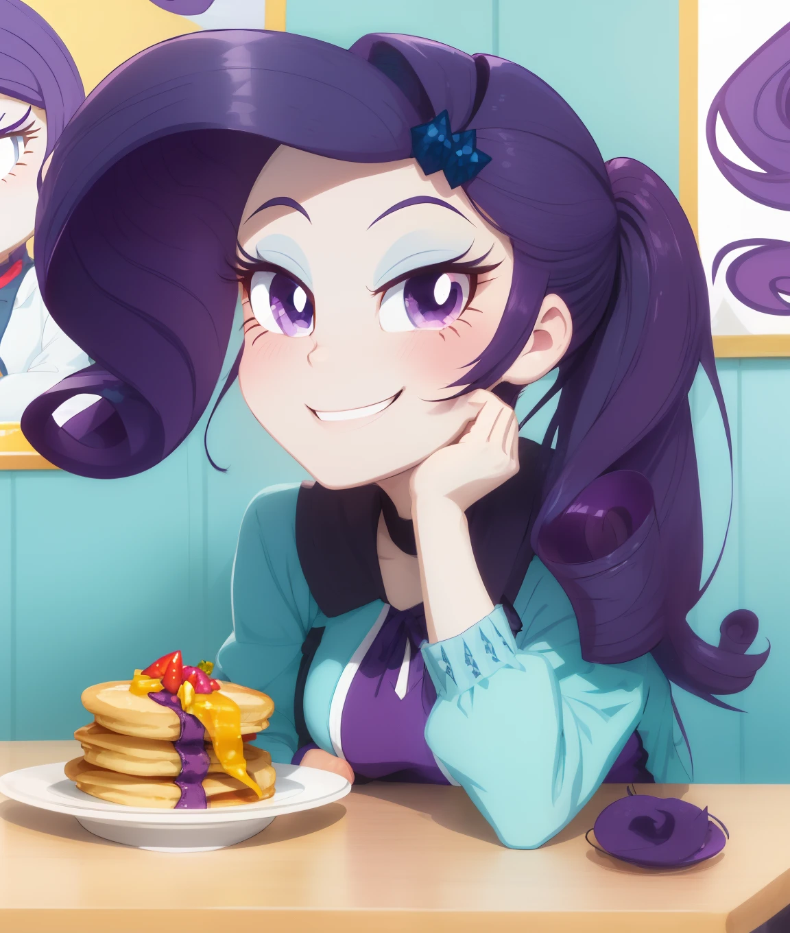 a close up of a cartoon girl sitting at a table with a plate of food, equestria, her hair is in a pony tail, nefarious smirk, she has purple hair, emo girl eating pancakes, she has two ponytails, mlp, purple eyes and white dress, anime style”, giddy smirk, sassy pose, fim still, proud smirk