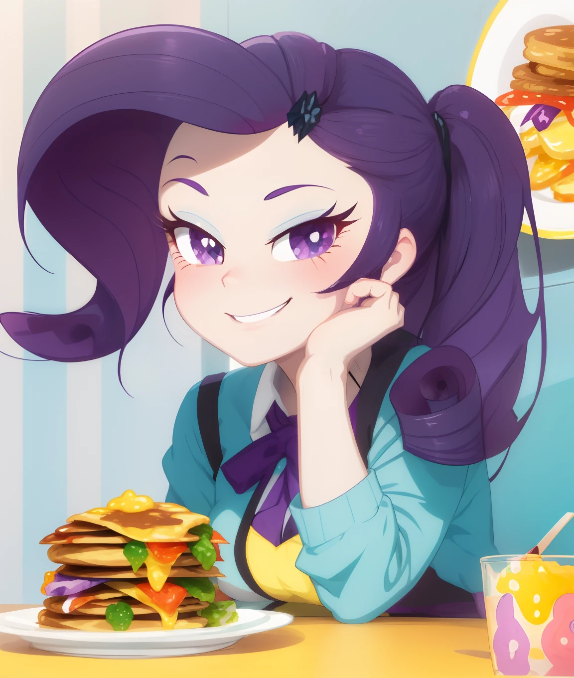 a close up of a cartoon girl sitting at a table with a plate of food, equestria, her hair is in a pony tail, nefarious smirk, she has purple hair, emo girl eating pancakes, she has two ponytails, mlp, purple eyes and white dress, anime style”, giddy smirk, sassy pose, fim still, proud smirk