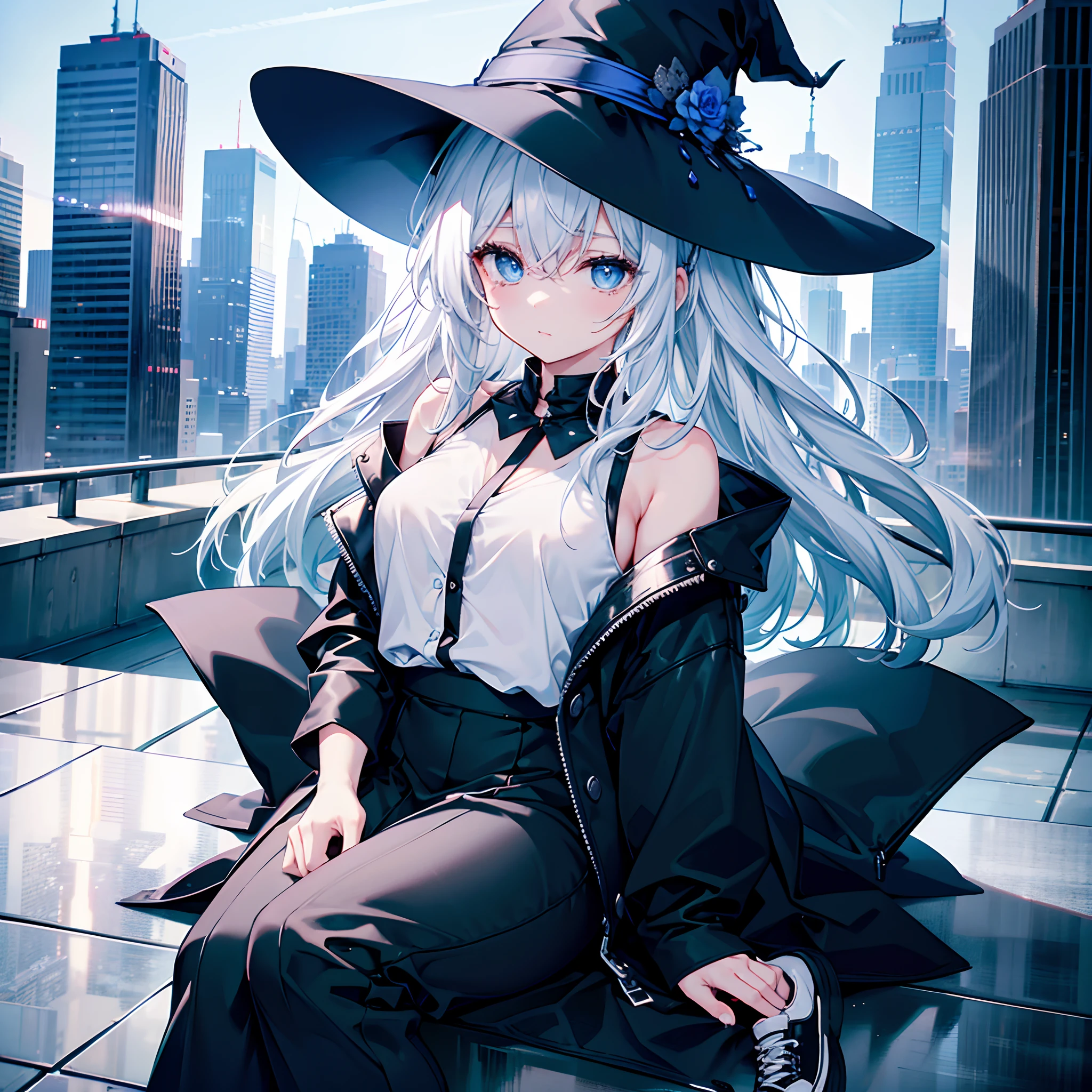 I'm on the roof of a building in Tokyo at midnight.、I can see the night view behind me、Night pool with a night view、Two adult women armed with assault rifles、One has white hair and wears a large black witch hat with sapphire accessories.、The other has dark brown hair and wears a large black witch hat with garnet accessories.、witch's hat、blue eyes、black wizard coat、White plain gym clothes、Black miniskirt、black sneakers with white laces、Black High Socks、Two-dimensional illustration、Japan Anime、drawn by Japanese ilastrator、high-level image quality、4K picture quality、High Quality、hight resolution、5 million pixels、high détails、beatiful backgrounds