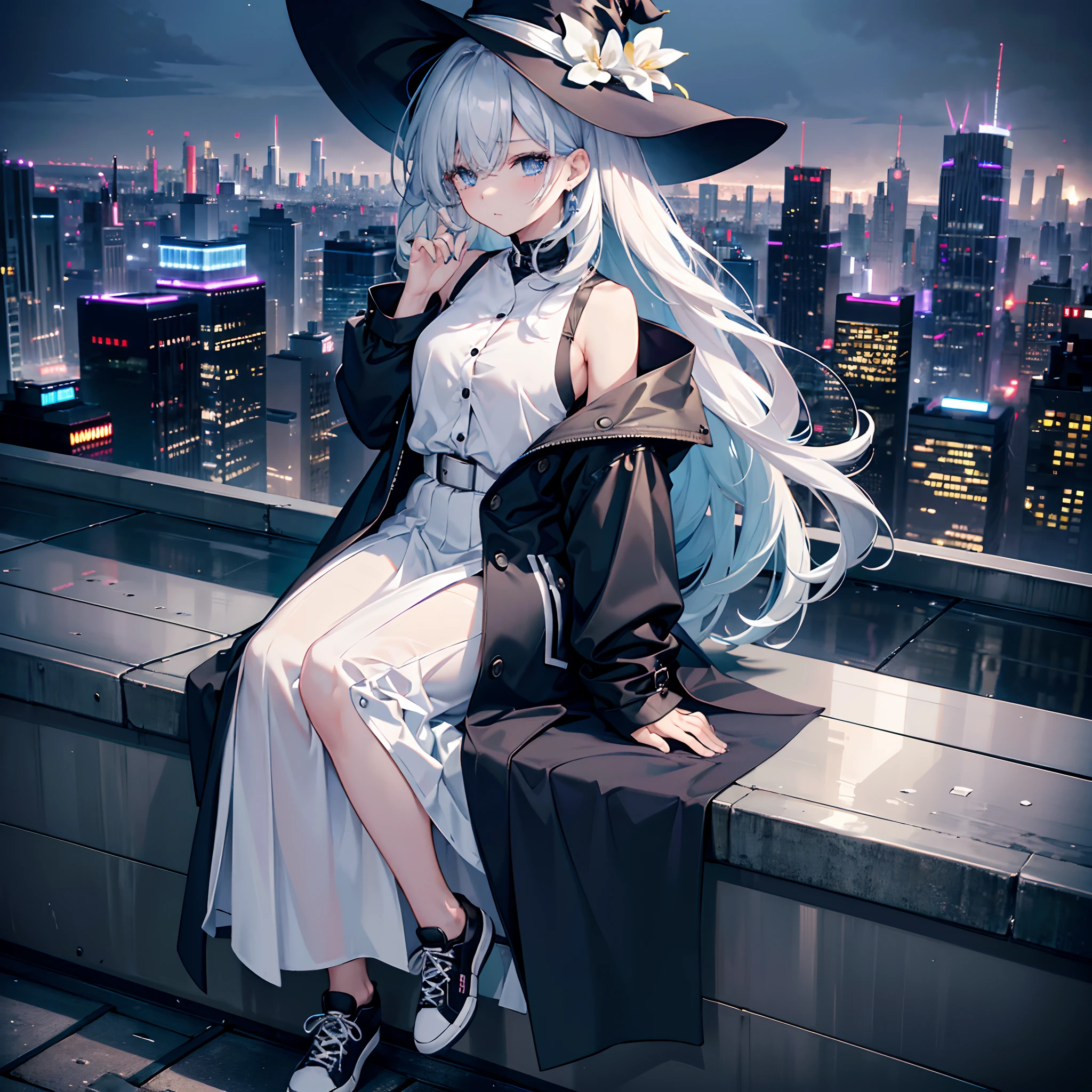This is the rooftop of a skyscraper in the middle of the night、You can see the Metropolitan Expressway and buildings in the background、Photograph her from an angle of 45 degrees above、One 27-year-old woman with small breasts、She wears a large black witch hat with sapphire accessories、White lob hair with blue-violet mesh、Blue eyes with highlights、Black long coat、White camisole、White T-shirt without buttons、Black Midi Skirt、Black sneakers with white shoelaces、small tits、discreet breasts、Crying sadly、hiquality、High Details、high-level image quality、4K picture quality、beatiful backgrounds
