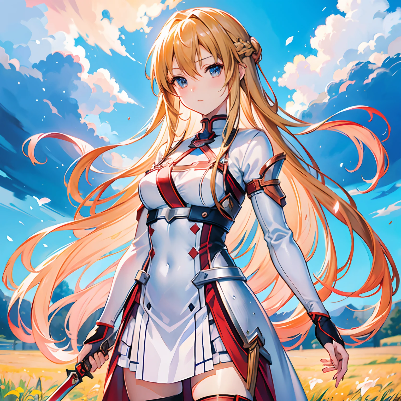 Anime girl with long hair and sword in field with sky background, asuna yuuki, asuna from sao, Epic light novel art cover, Detailed key anime art, Anime goddess, portrait of a female anime hero, Detailed digital anime art, high detailed official artwork, Blonde anime girl with long hair, photo of asuna from sao, Anime girl with long hair